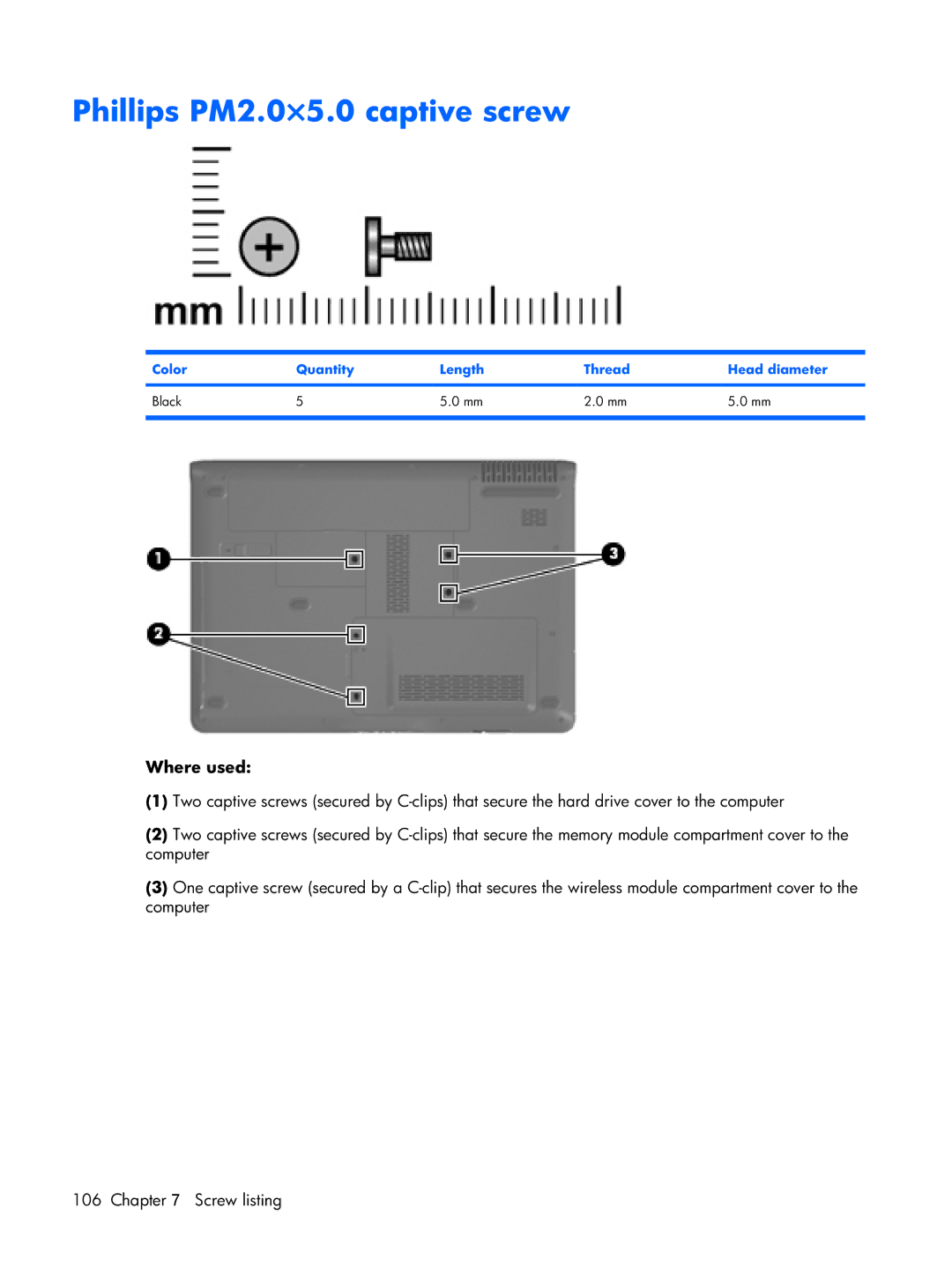 HP DV2500 manual Phillips PM2.0×5.0 captive screw, Color Quantity Length Thread Head diameter Black 