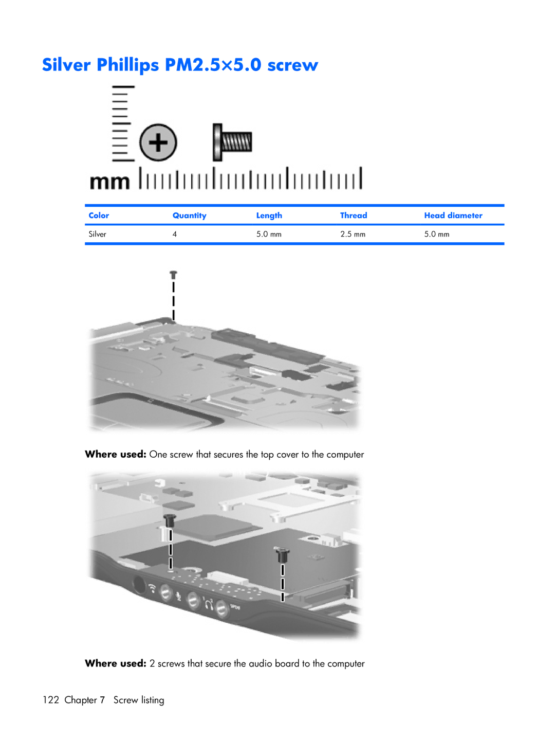 HP DV2500 manual Silver Phillips PM2.5×5.0 screw, Color Quantity Length Thread Head diameter Silver 