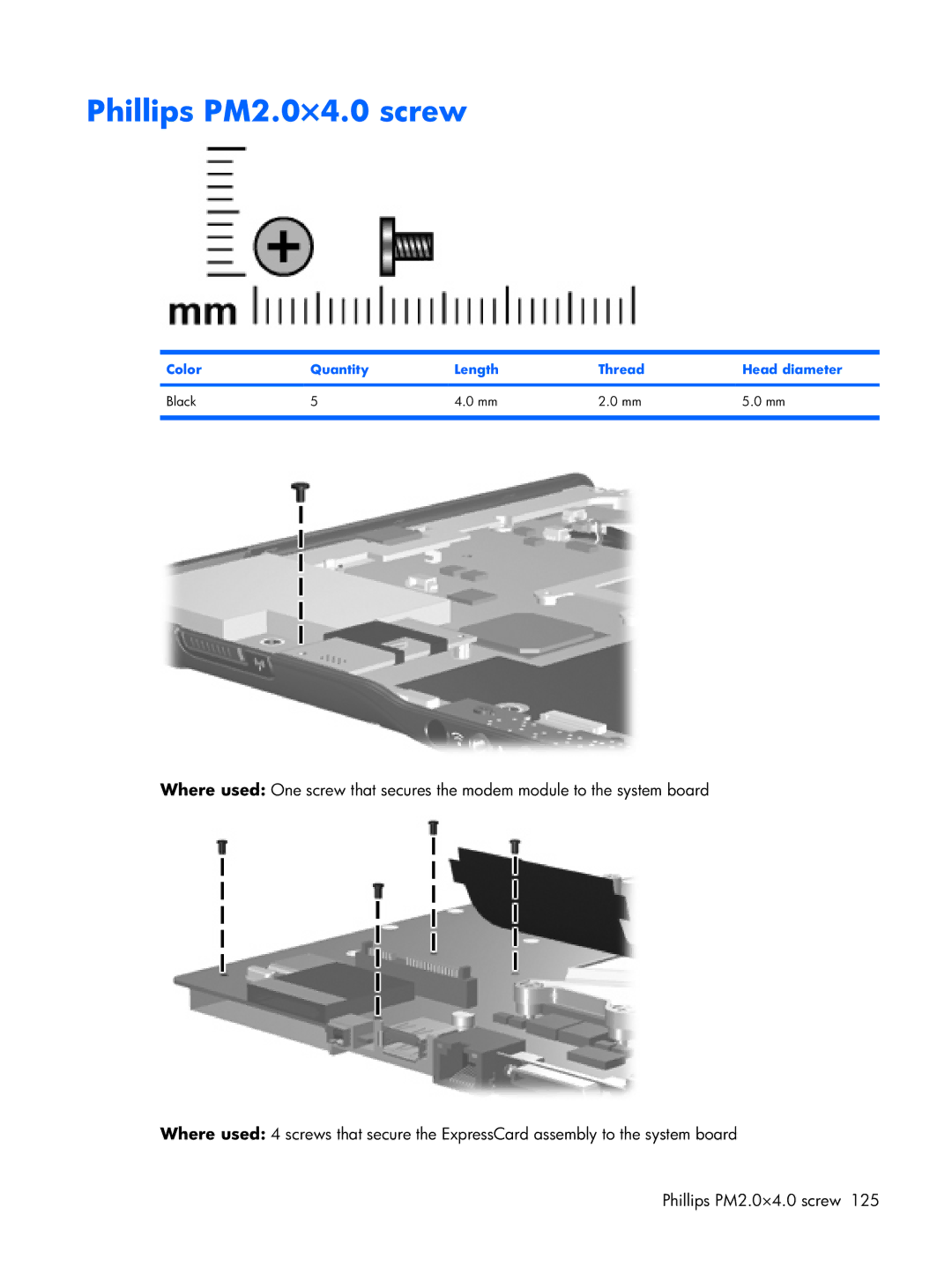 HP DV2500 manual Phillips PM2.0×4.0 screw, Color Quantity Length Thread Head diameter Black 