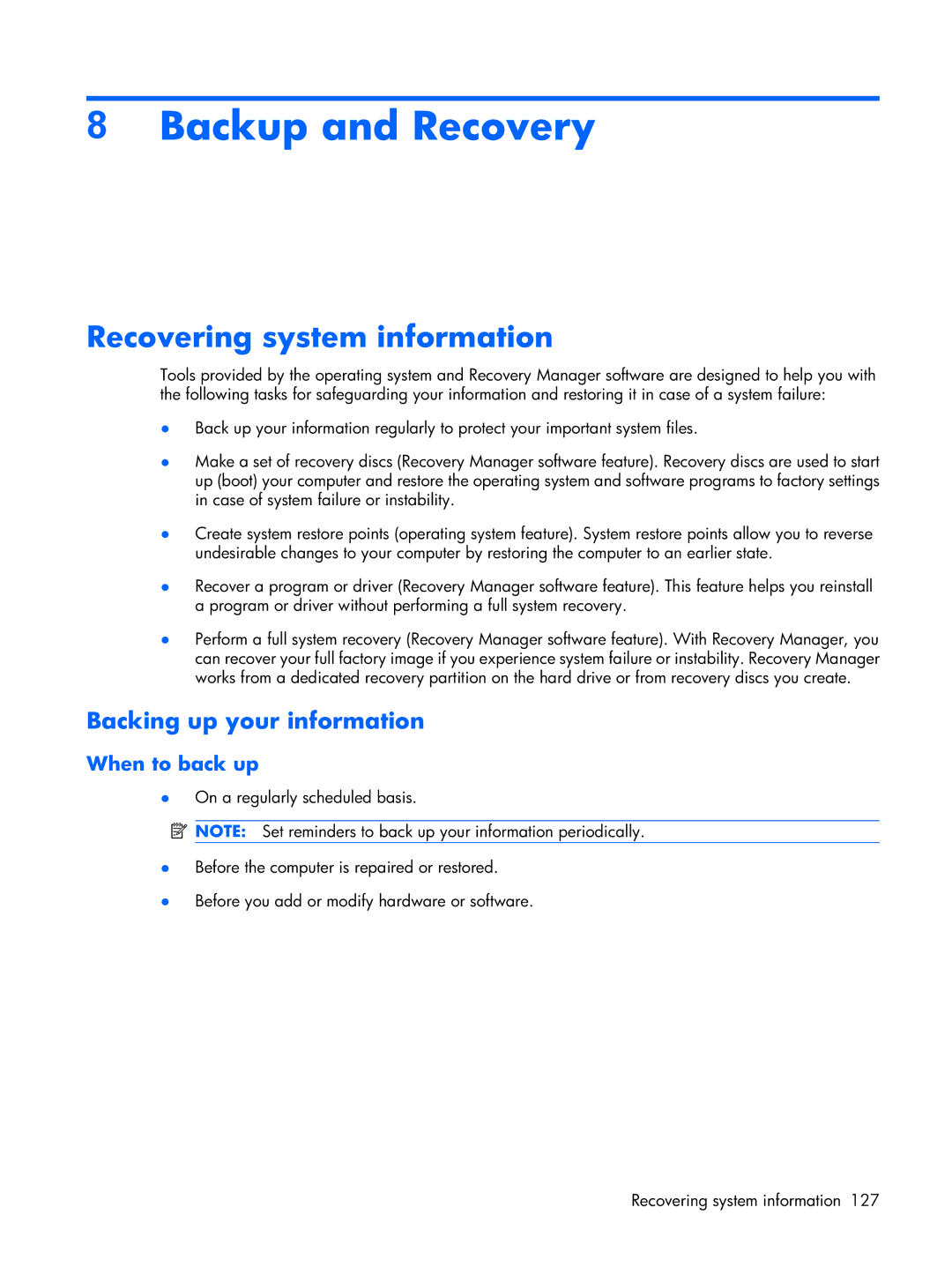 HP DV2500 manual Backup and Recovery, Recovering system information, Backing up your information 