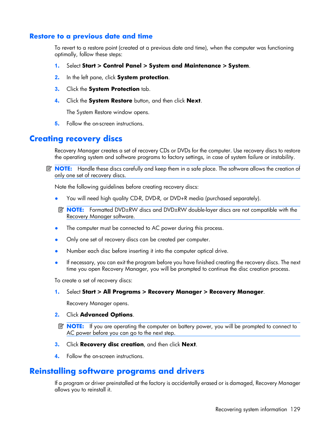 HP DV2500 manual Creating recovery discs, Reinstalling software programs and drivers 
