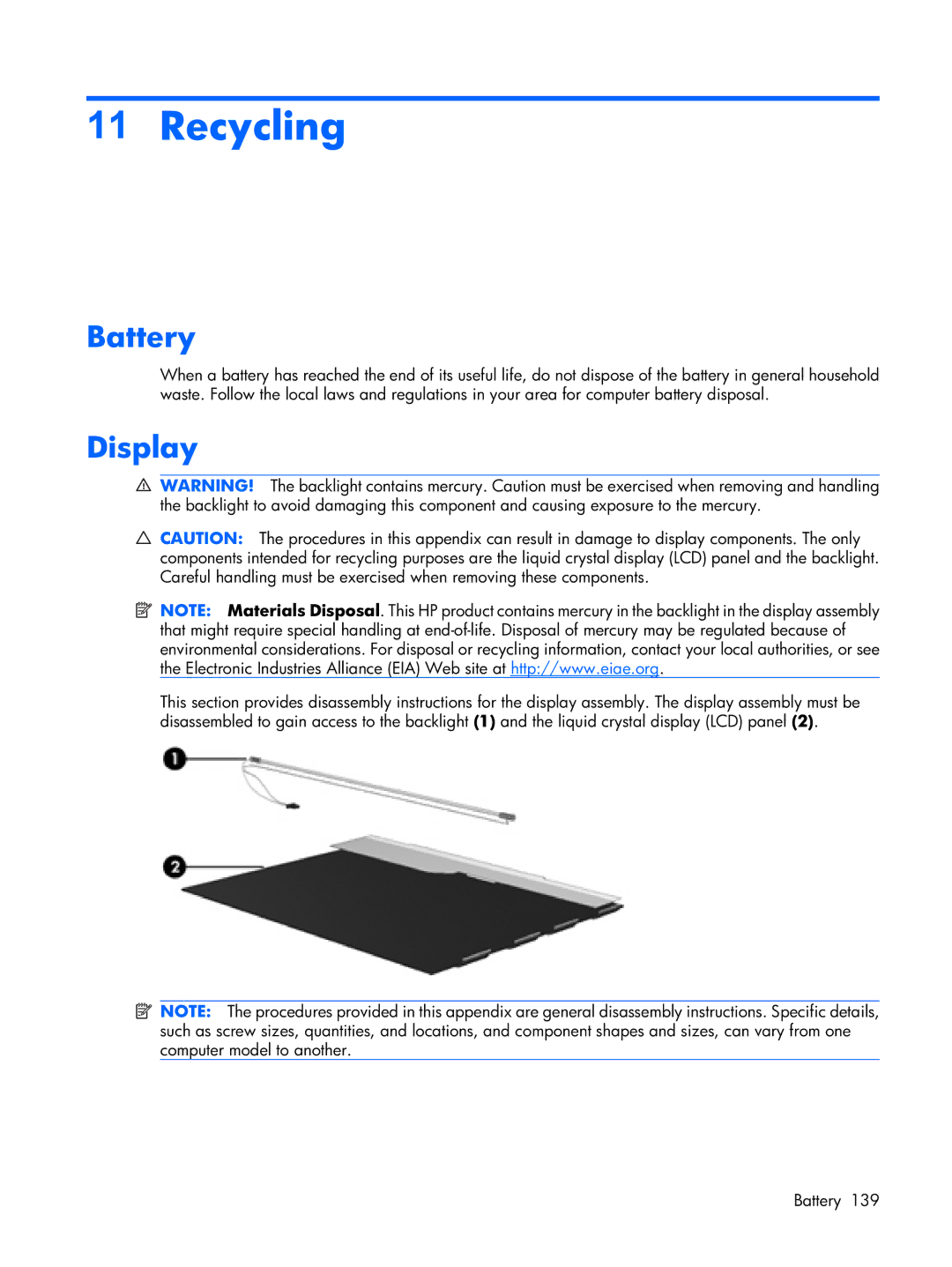 HP DV2500 manual Recycling, Battery, Display 