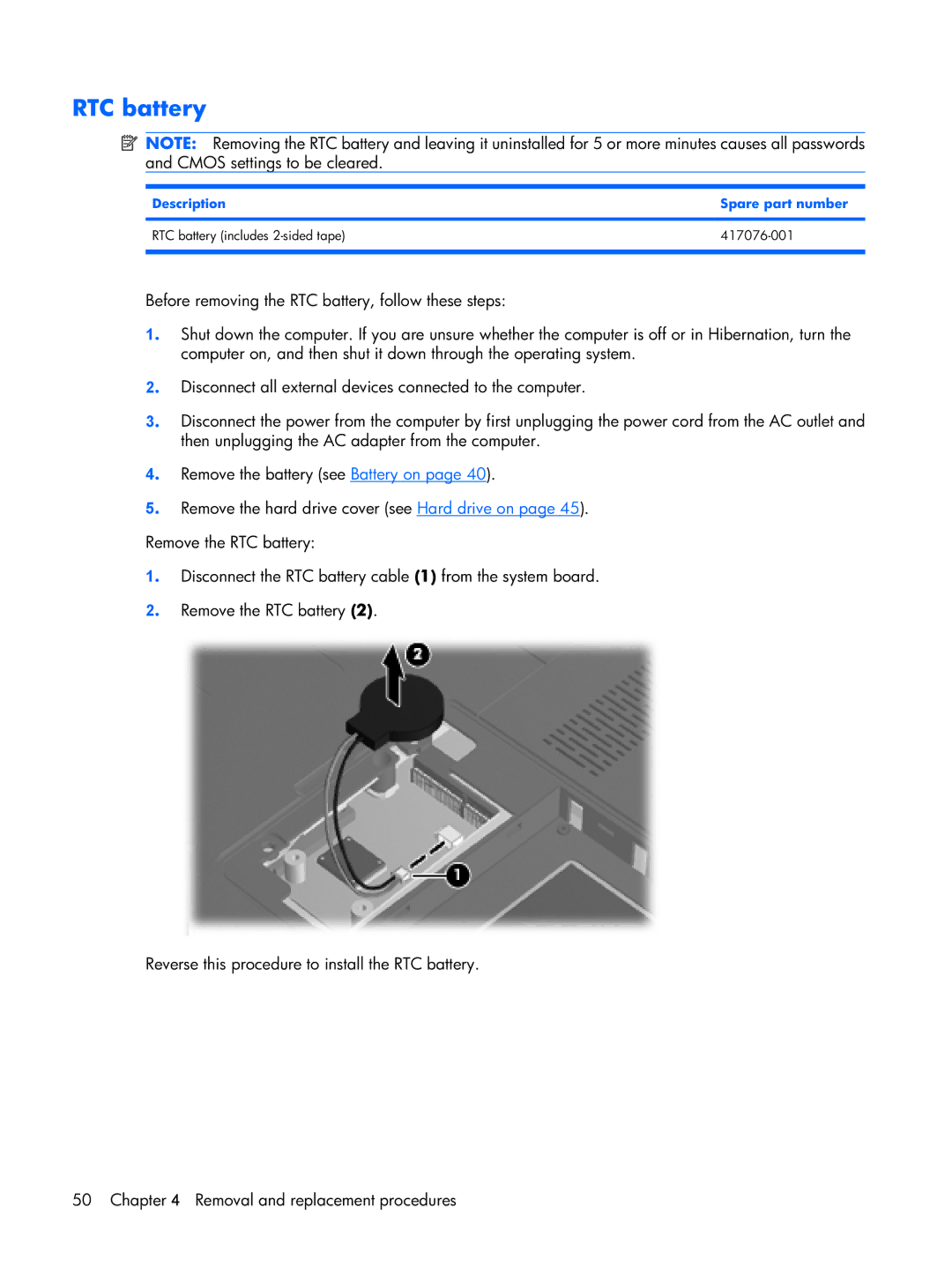 HP DV2500 manual RTC battery 