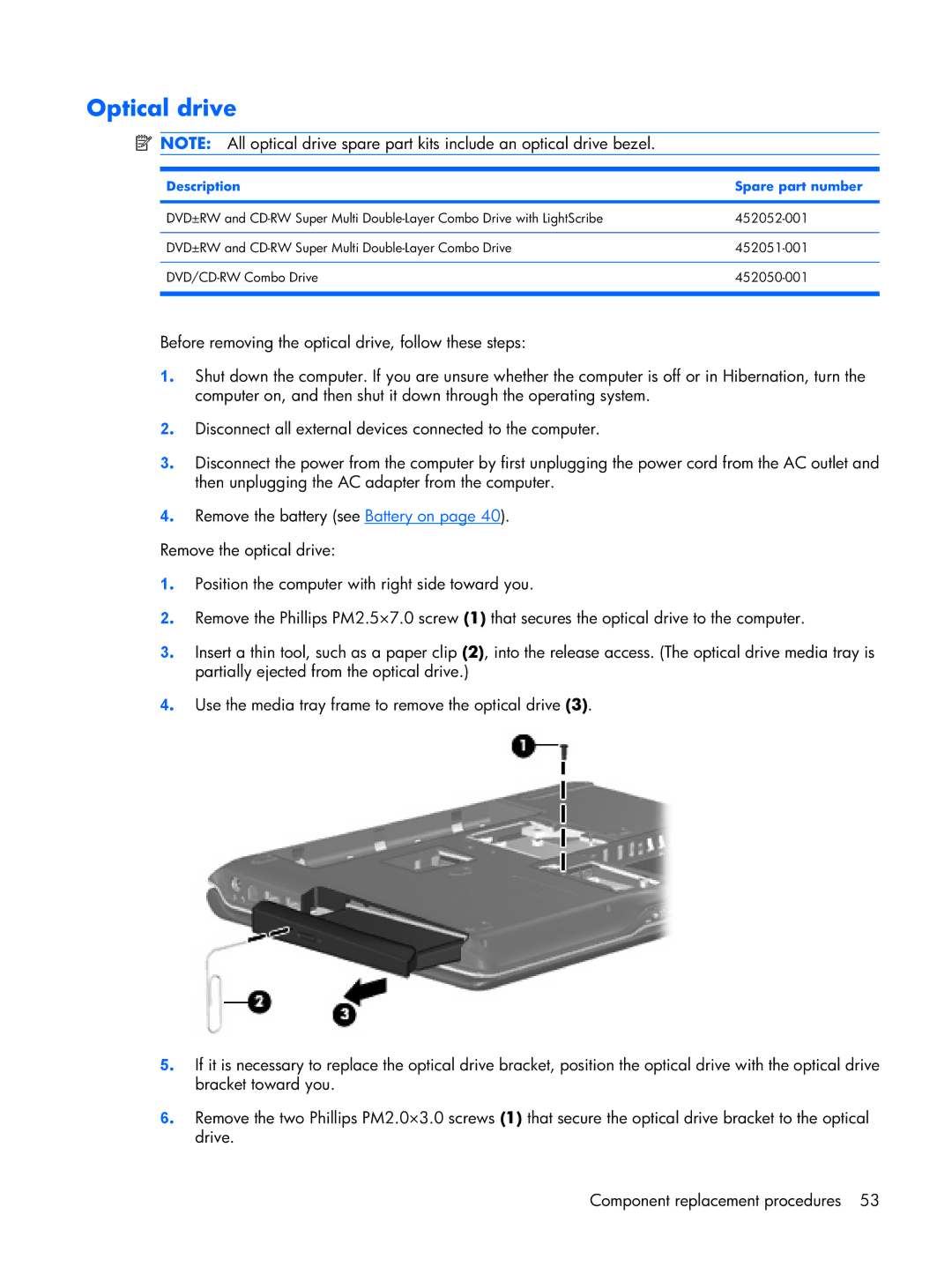 HP DV2500 manual Optical drive 