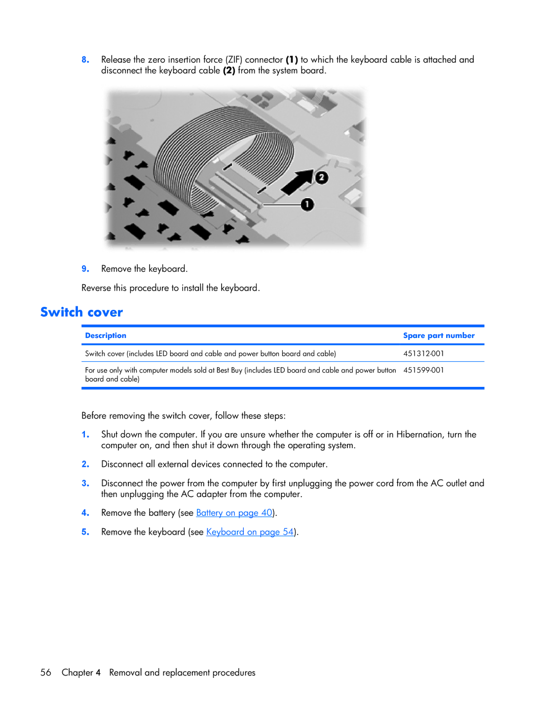 HP DV2500 manual Switch cover, Description Spare part number 