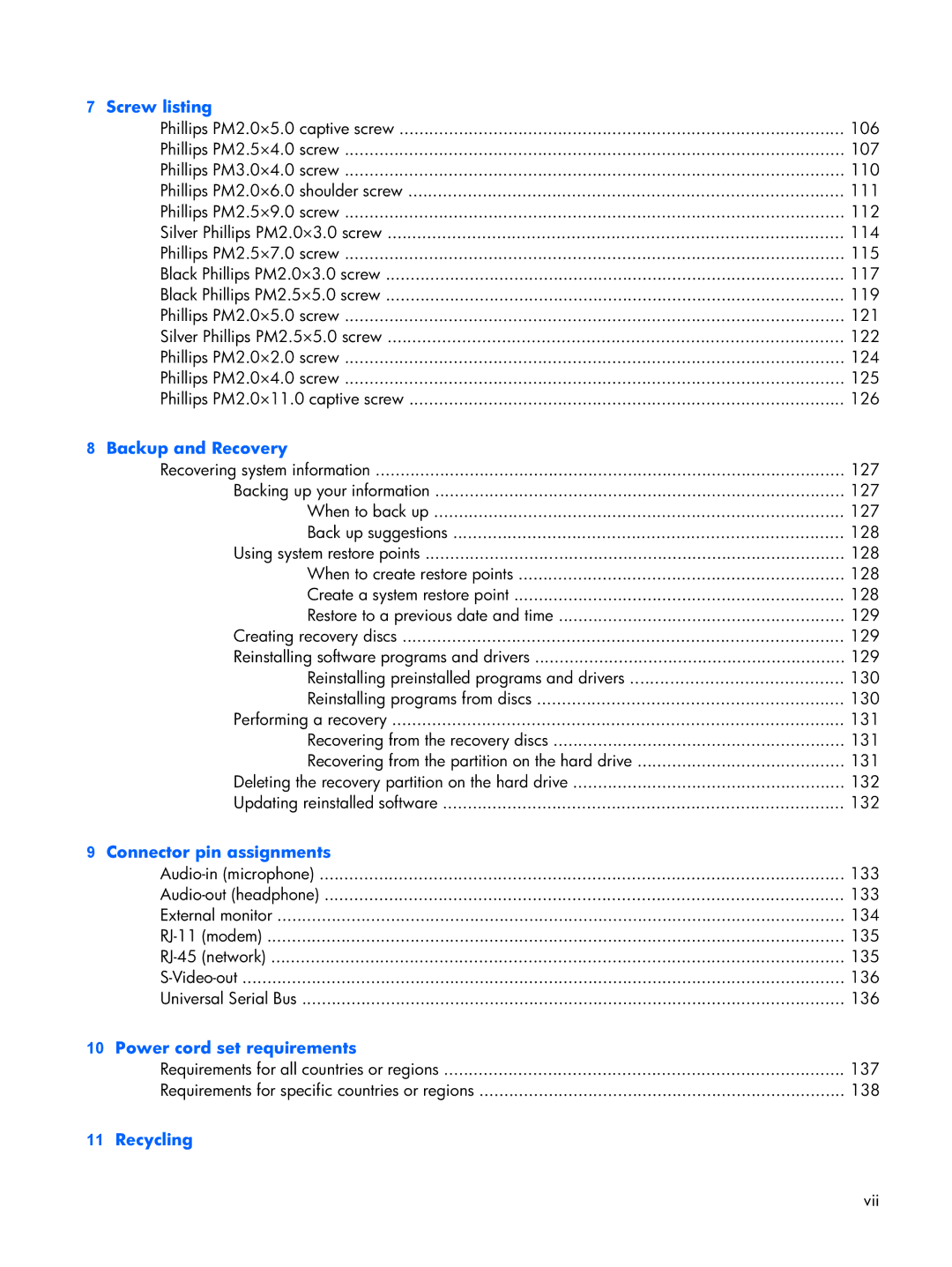 HP DV2500 manual Screw listing 