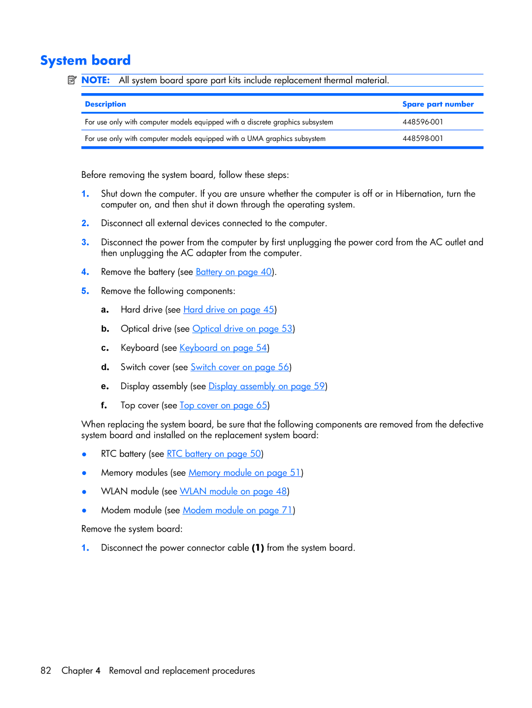 HP DV2500 manual System board, Description Spare part number 