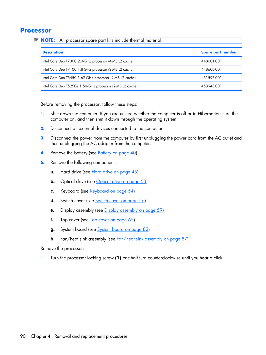 HP DV2500 manual Processor, Description Spare part number 