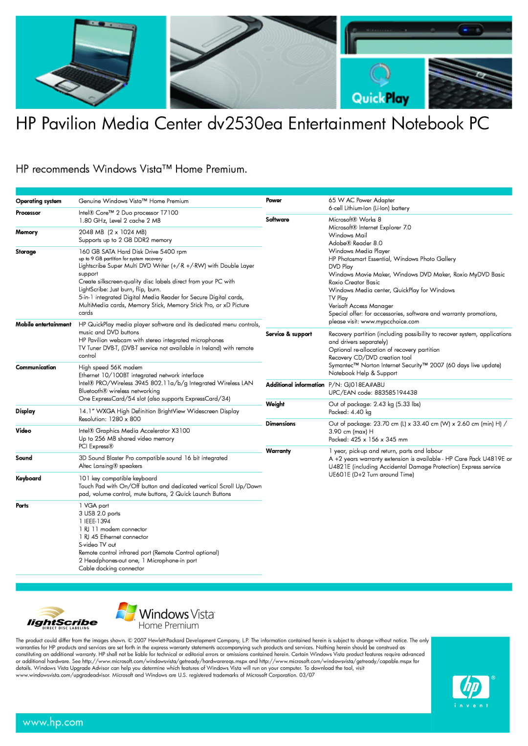 HP manual HP Pavilion Media Center dv2530ea Entertainment Notebook PC, GJ018EA#ABU 