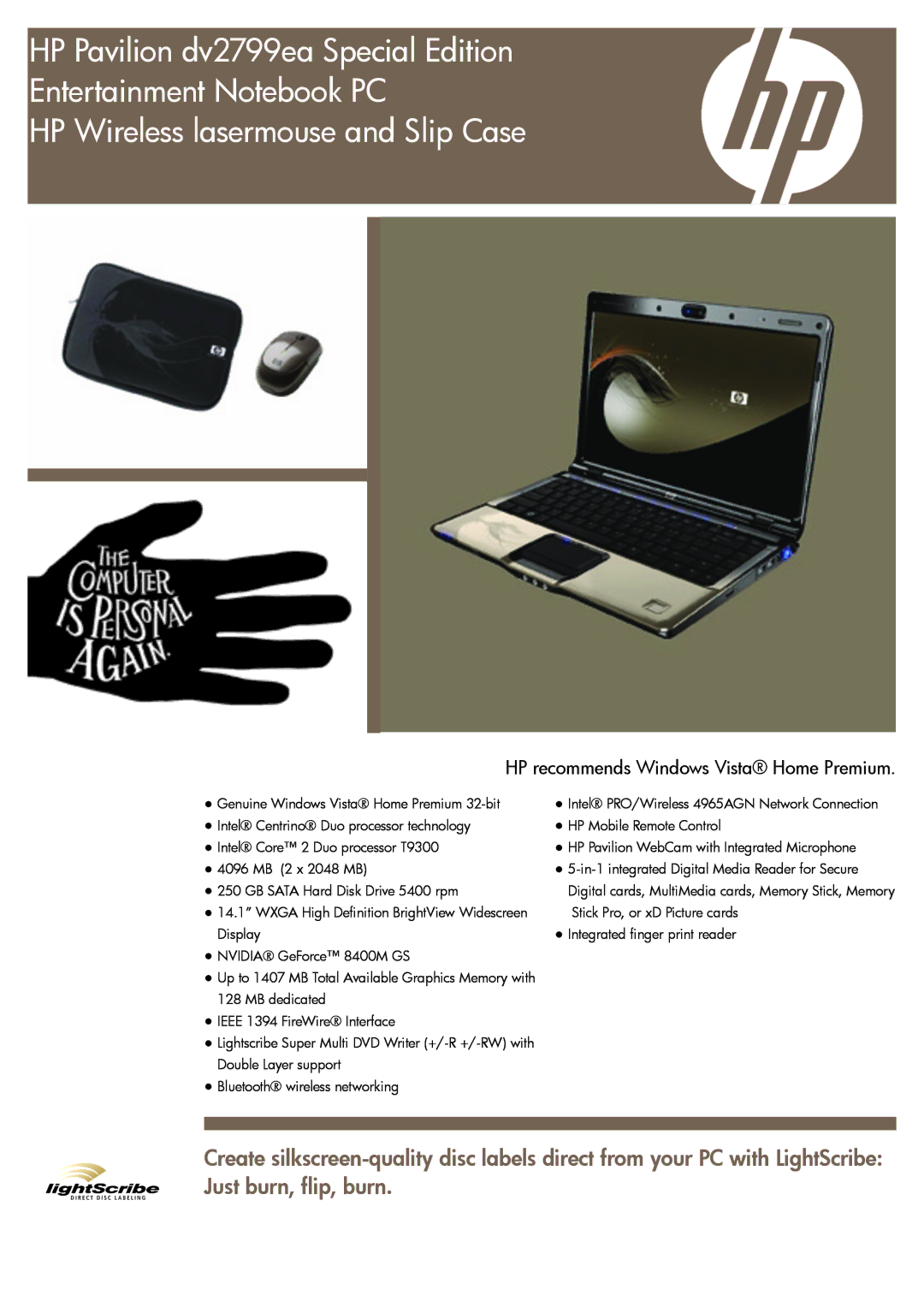 HP DV2799EA manual HP recommends Windows Vista Home Premium 