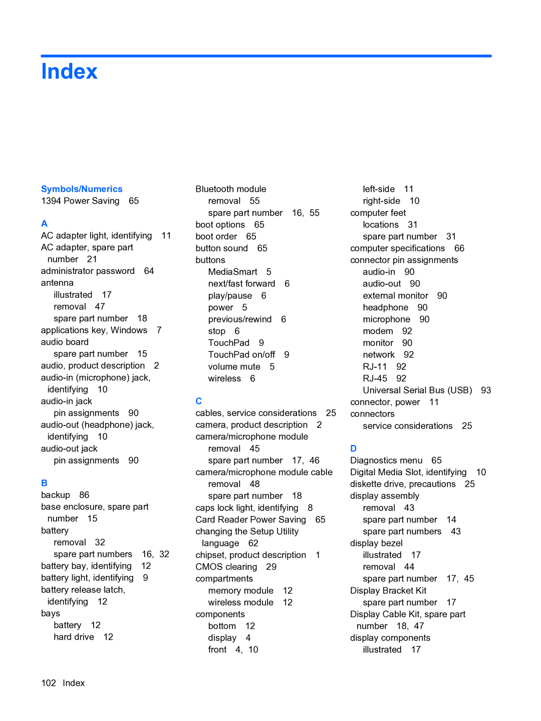 HP DV3 manual Index, Symbols/Numerics 