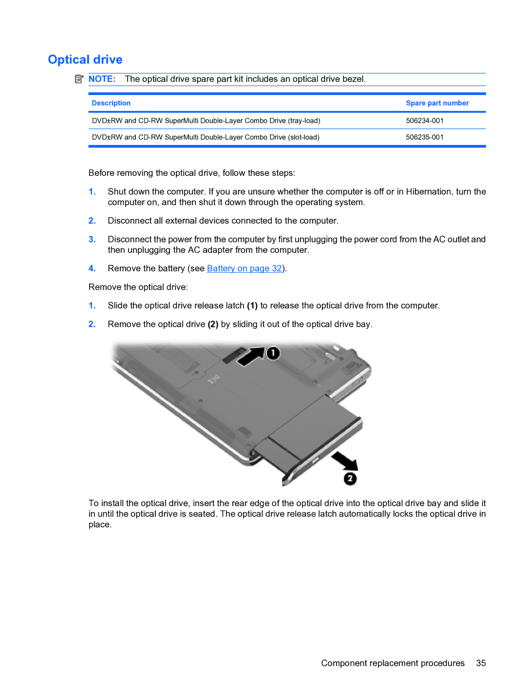 HP DV3 manual Optical drive 