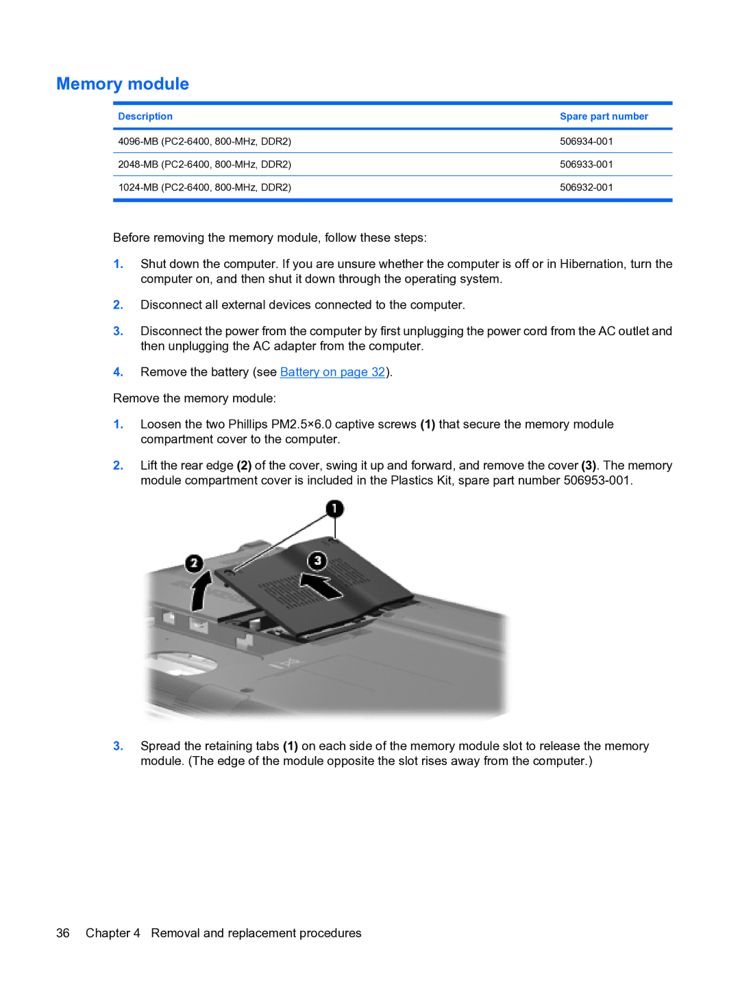 HP DV3 manual Memory module 