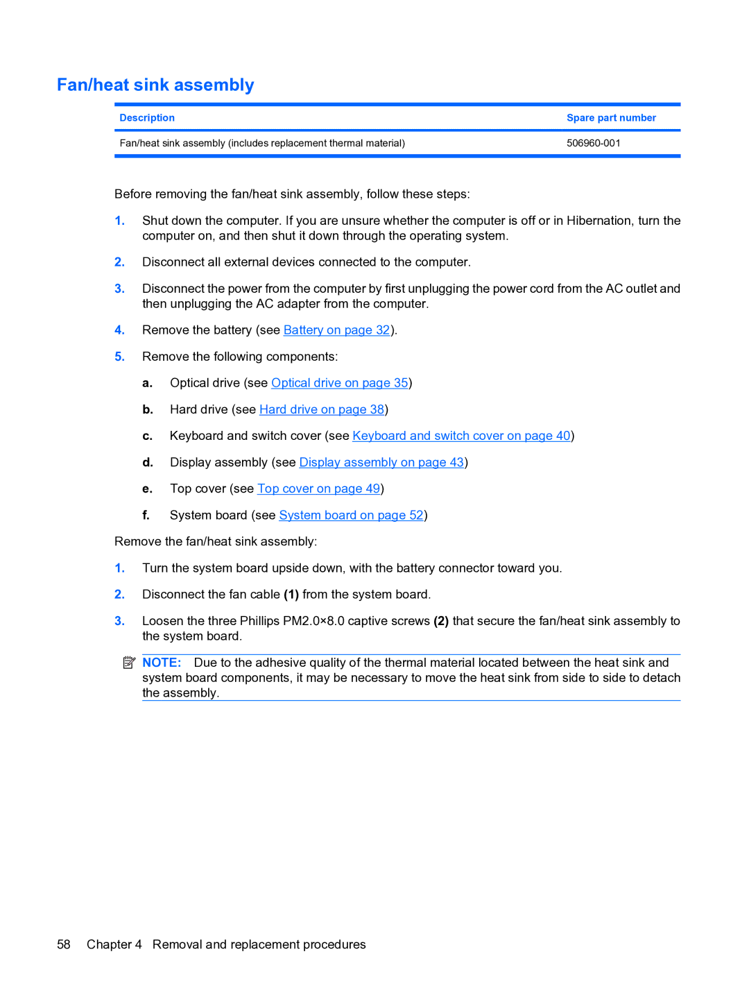 HP DV3 manual Fan/heat sink assembly 