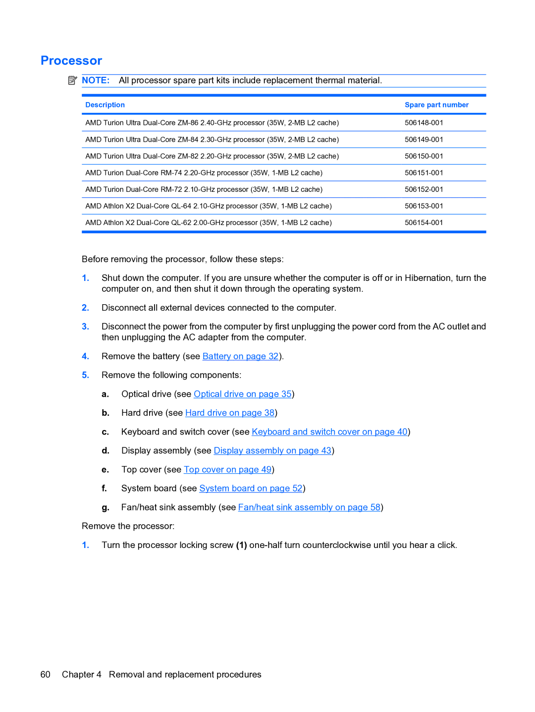 HP DV3 manual Processor, Description Spare part number 