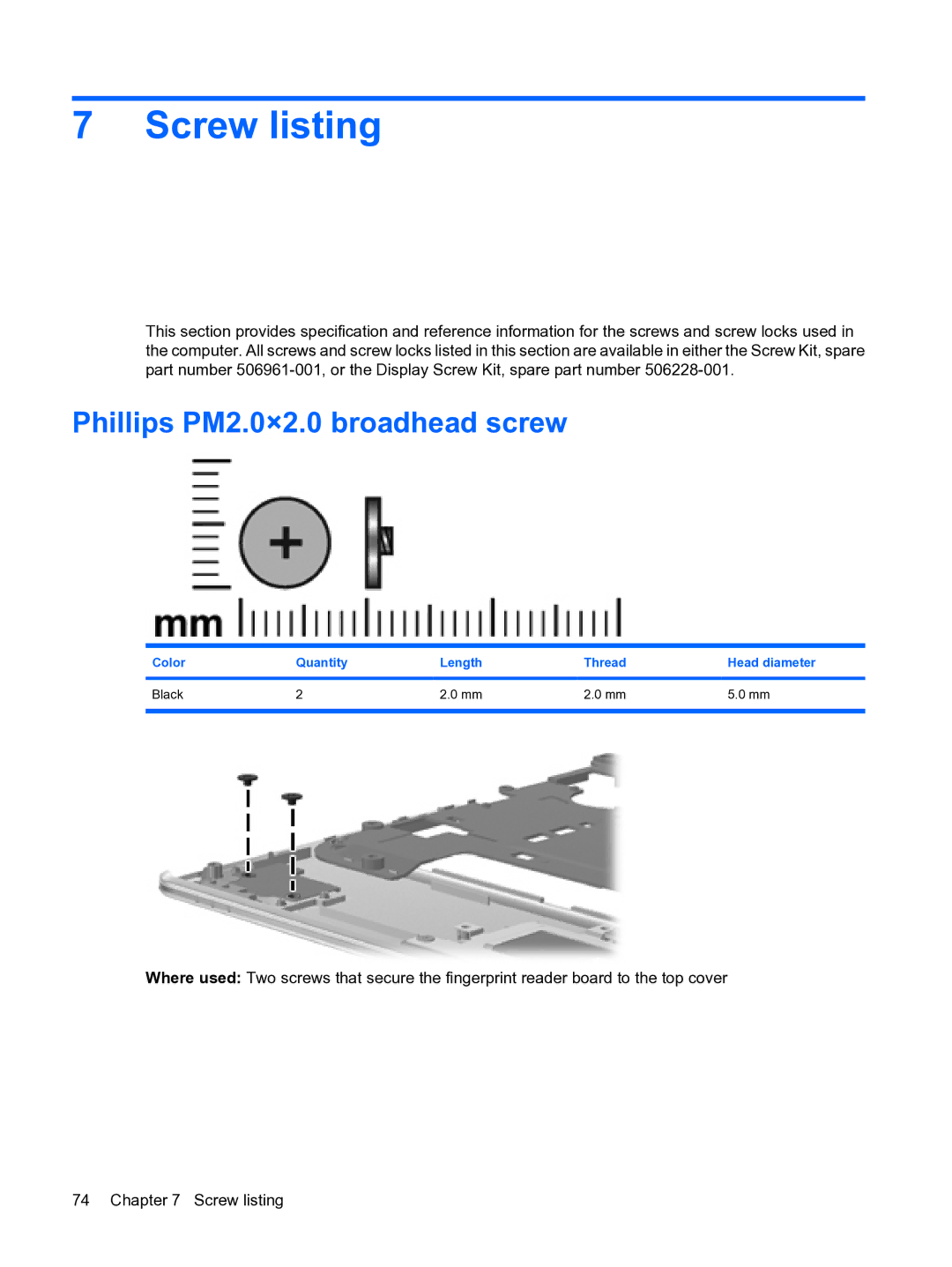 HP DV3 manual Screw listing, Phillips PM2.0×2.0 broadhead screw, Color Quantity Length Thread Head diameter Black 