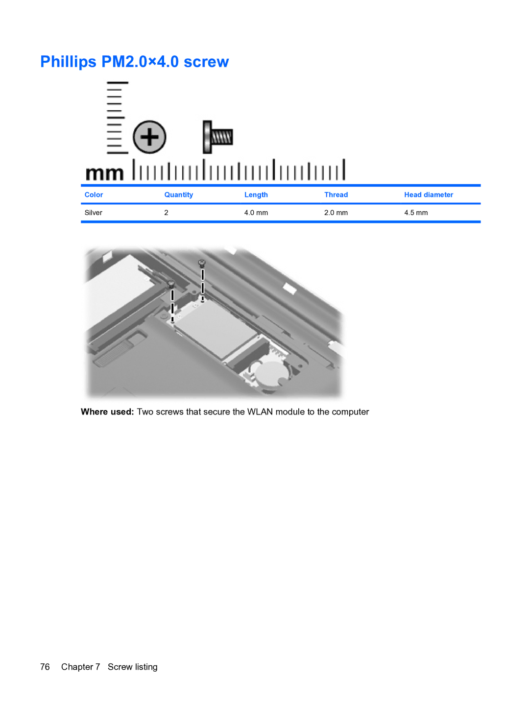 HP DV3 manual Phillips PM2.0×4.0 screw 