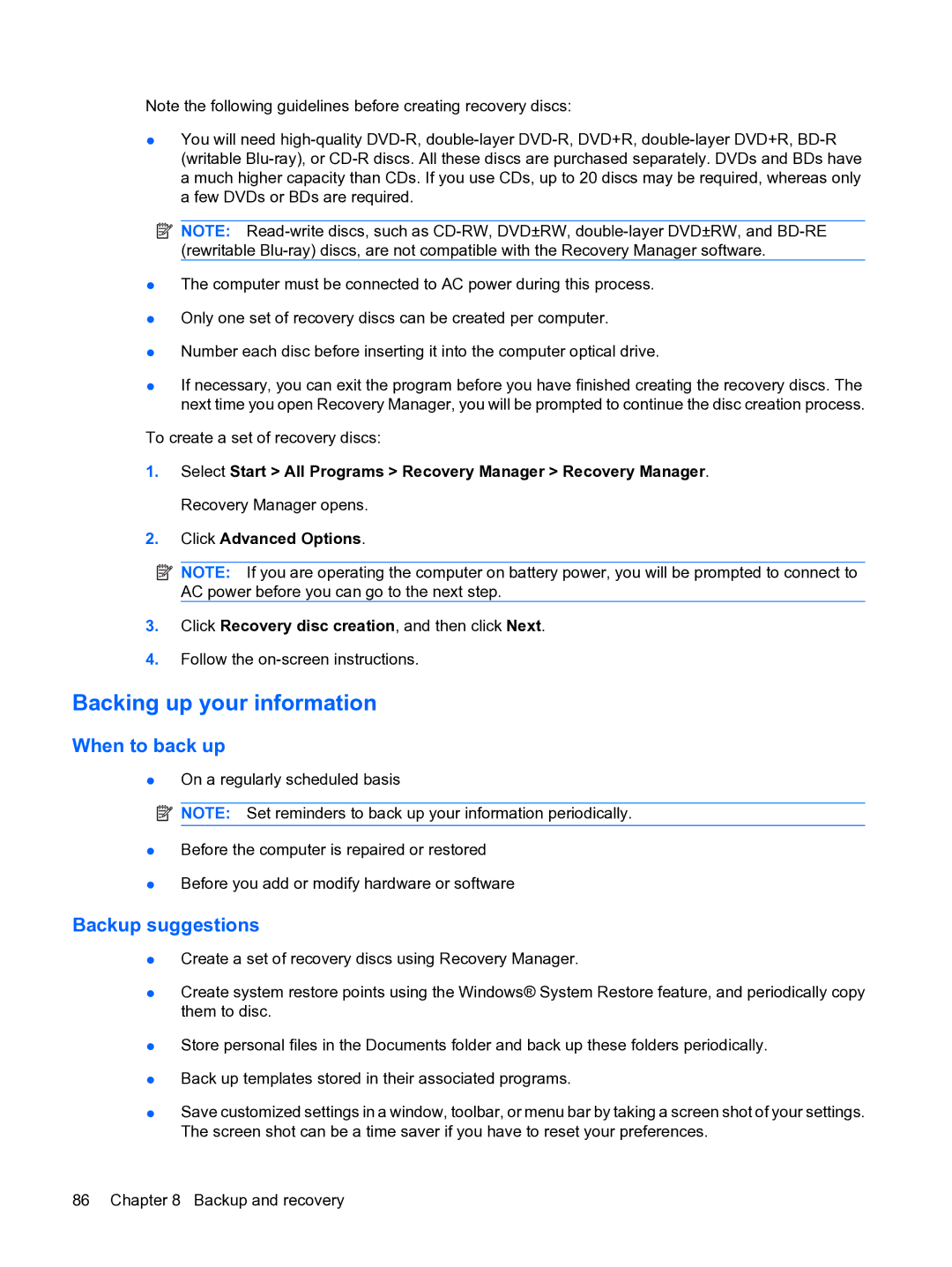 HP DV3 manual Backing up your information, When to back up 