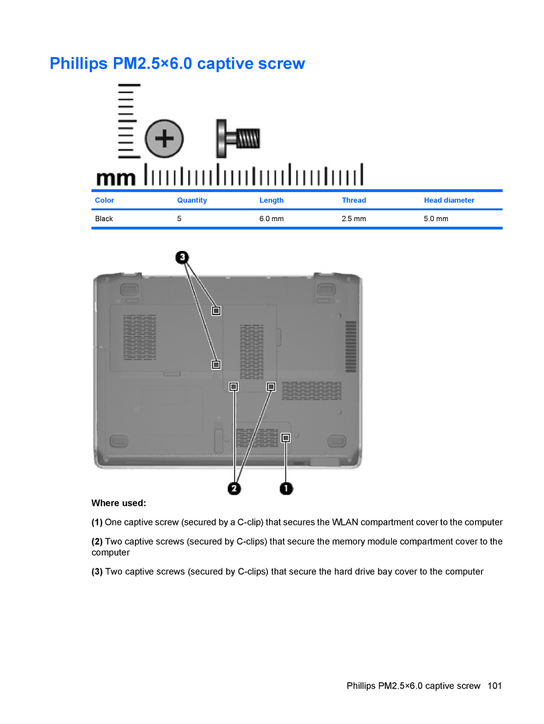 HP DV3000 manual Phillips PM2.5×6.0 captive screw, Color Quantity Length Thread Head diameter Black 