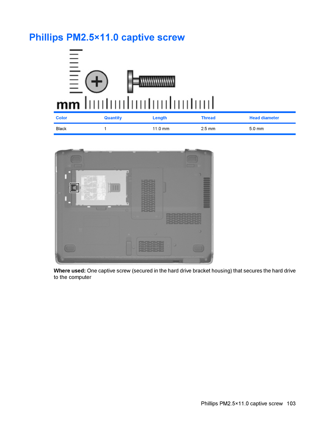 HP DV3000 manual Phillips PM2.5×11.0 captive screw, Color Quantity Length Thread Head diameter Black 11.0 mm 