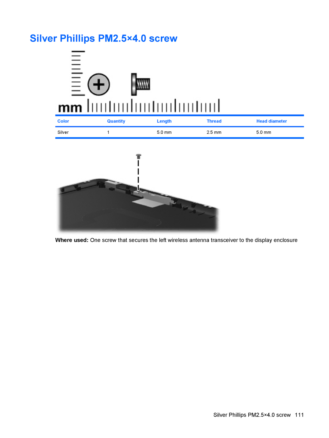 HP DV3000 manual Silver Phillips PM2.5×4.0 screw 