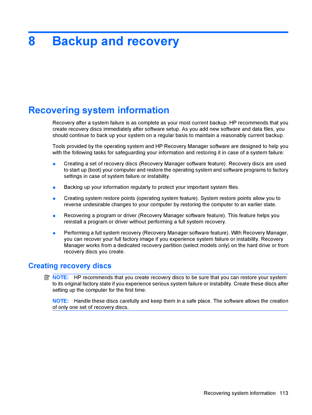 HP DV3000 manual Backup and recovery, Recovering system information, Creating recovery discs 