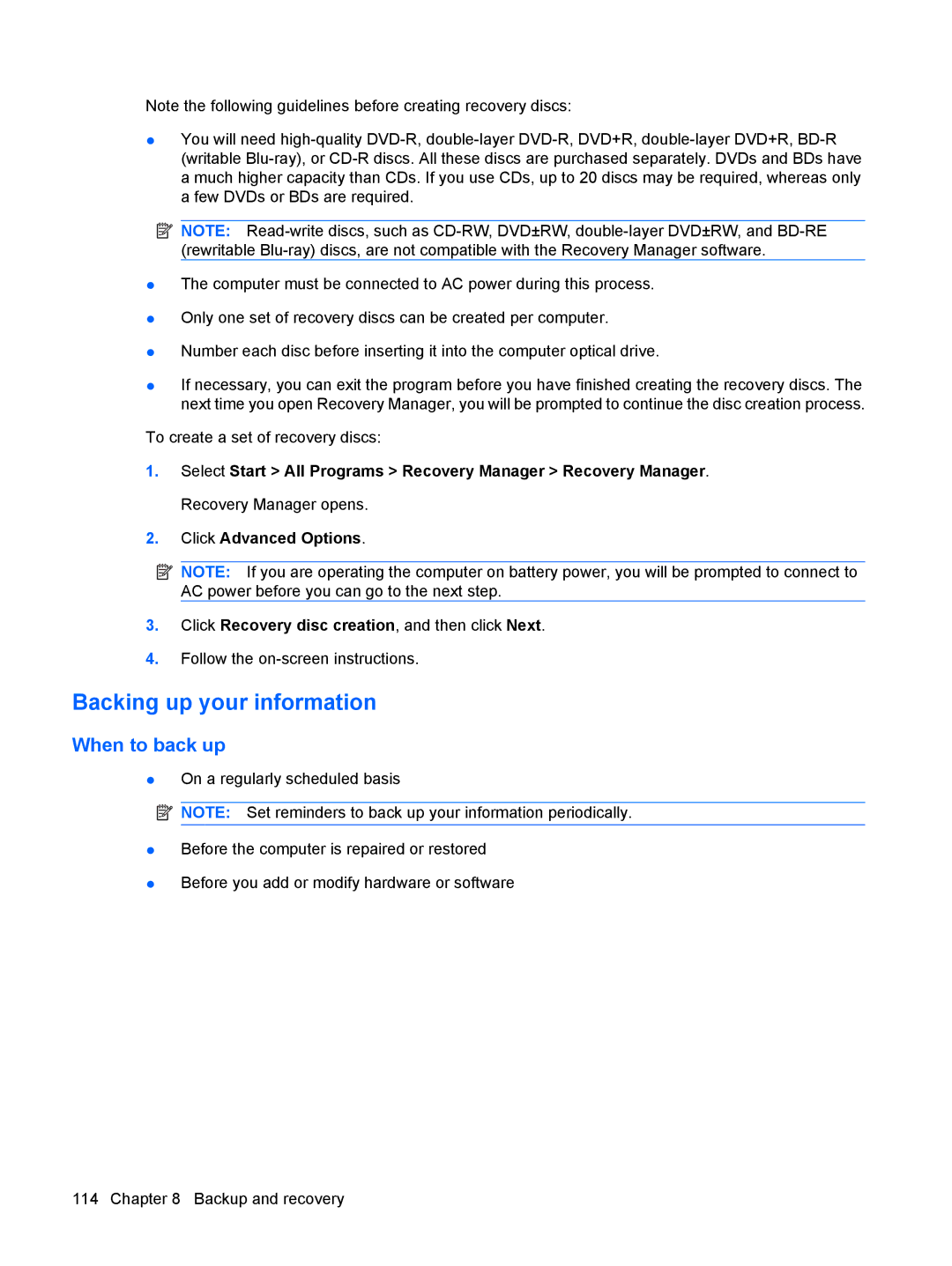 HP DV3000 manual Backing up your information, When to back up 