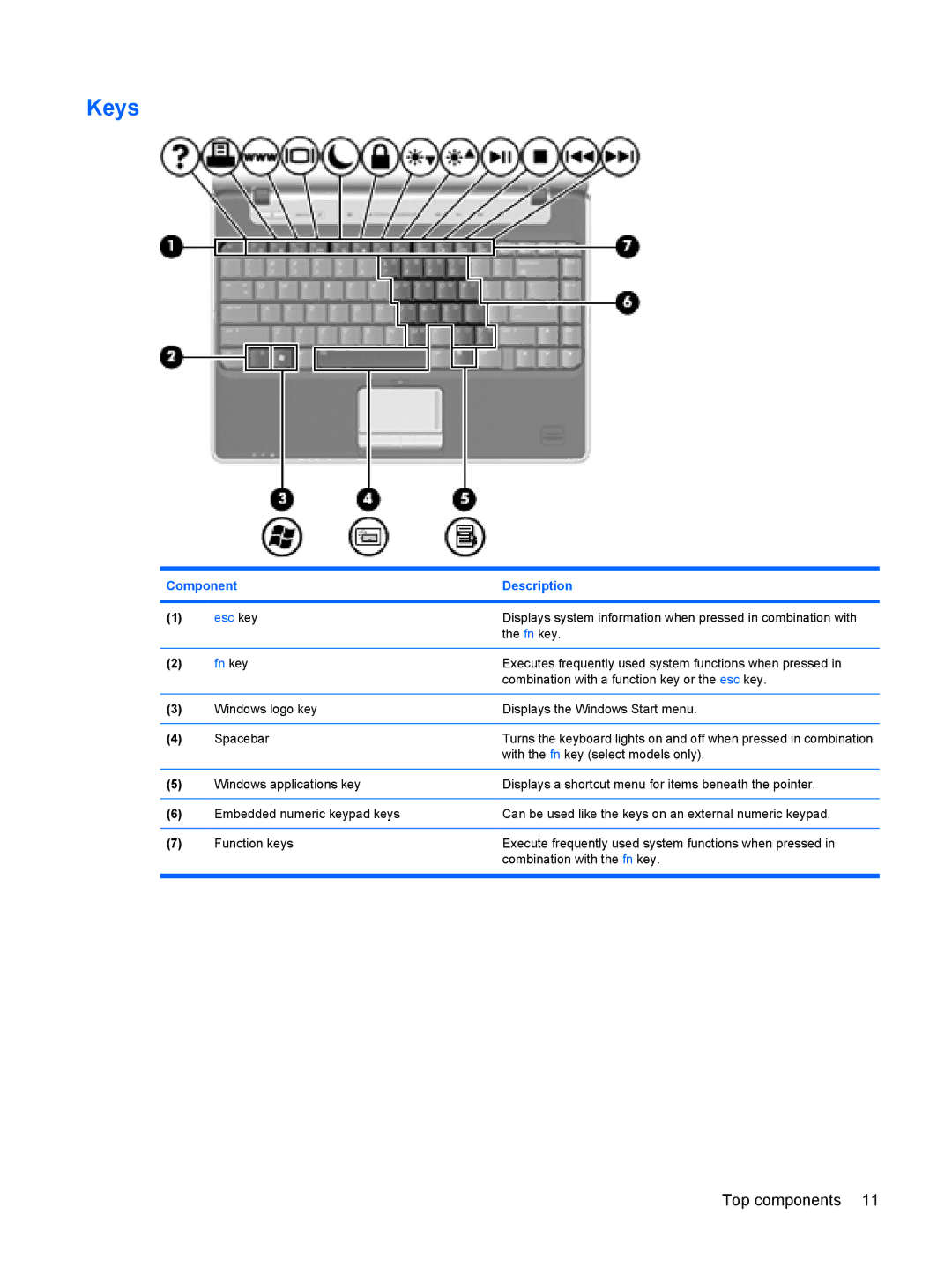 HP DV3000 manual Keys, Fn key 