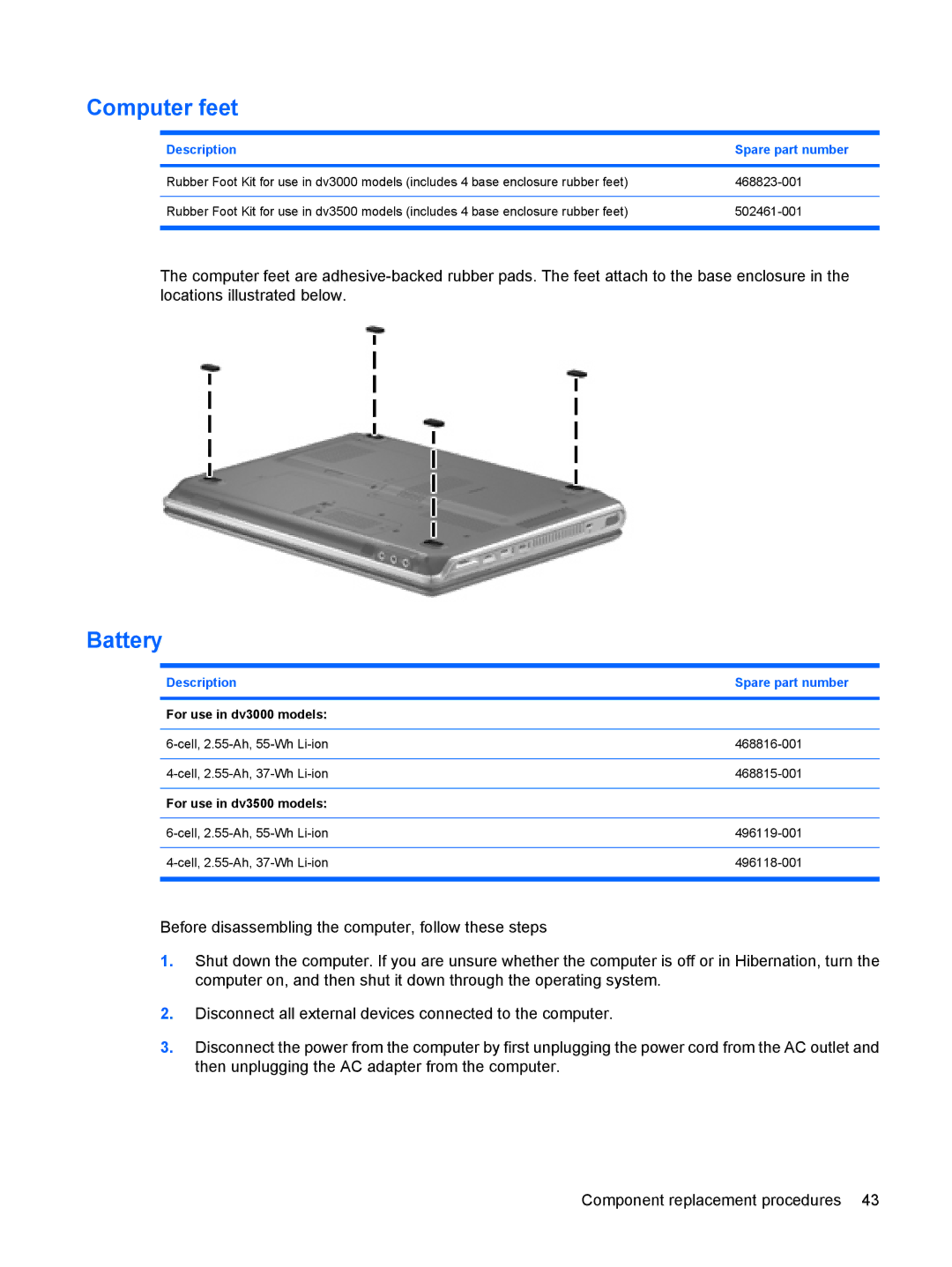 HP DV3000 manual Computer feet, Battery 