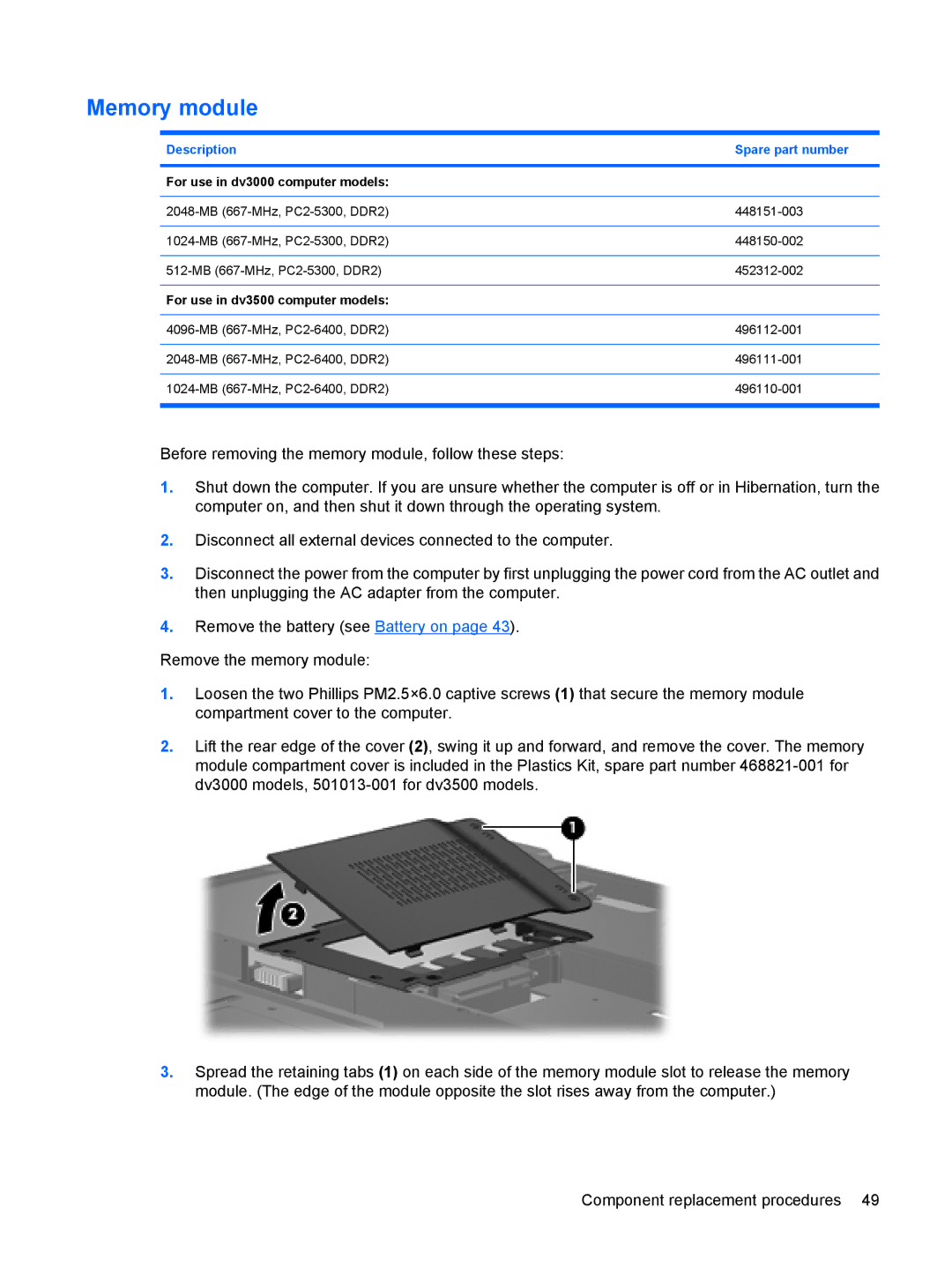 HP DV3000 manual Memory module, For use in dv3000 computer models, For use in dv3500 computer models 