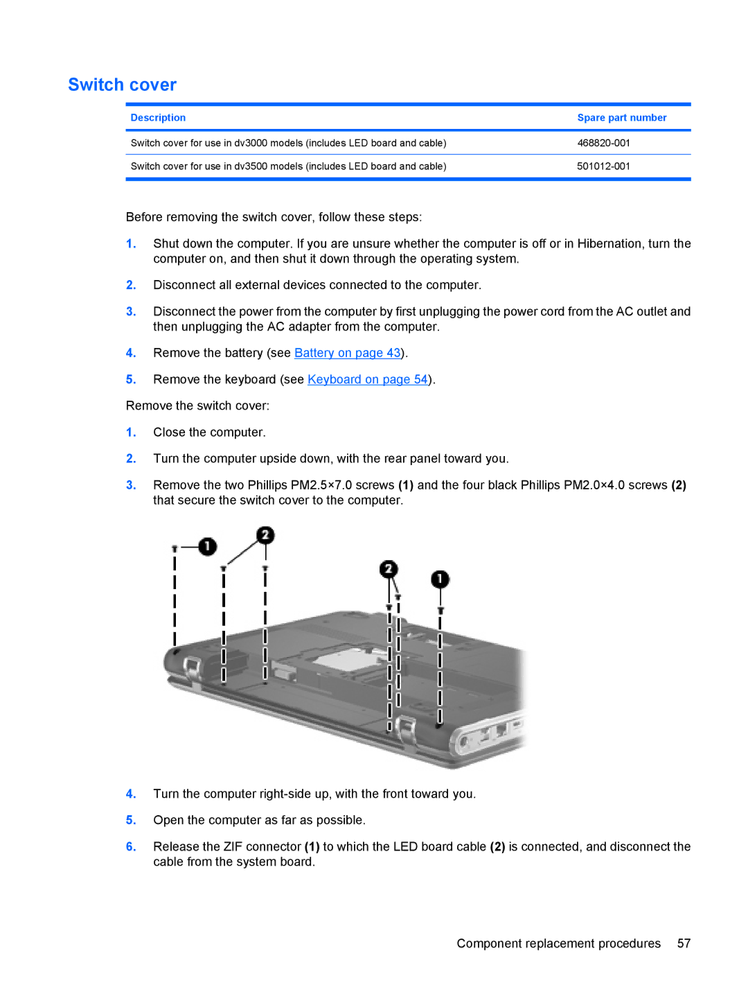 HP DV3000 manual Switch cover, Description Spare part number 