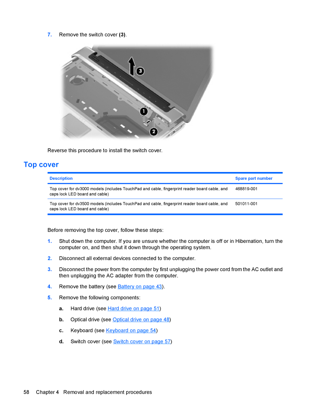 HP DV3000 manual Top cover 