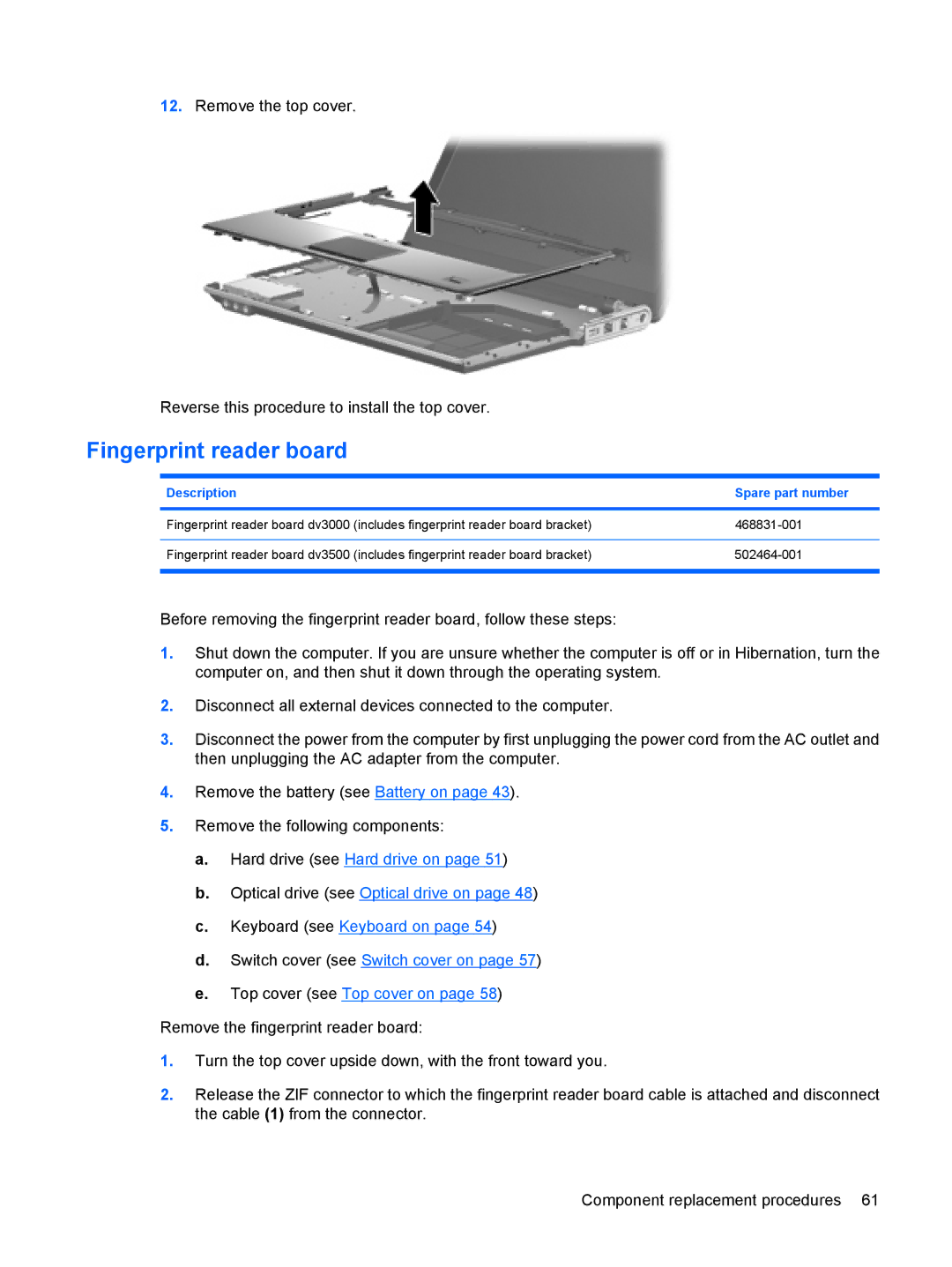 HP DV3000 manual Fingerprint reader board, Description Spare part number 