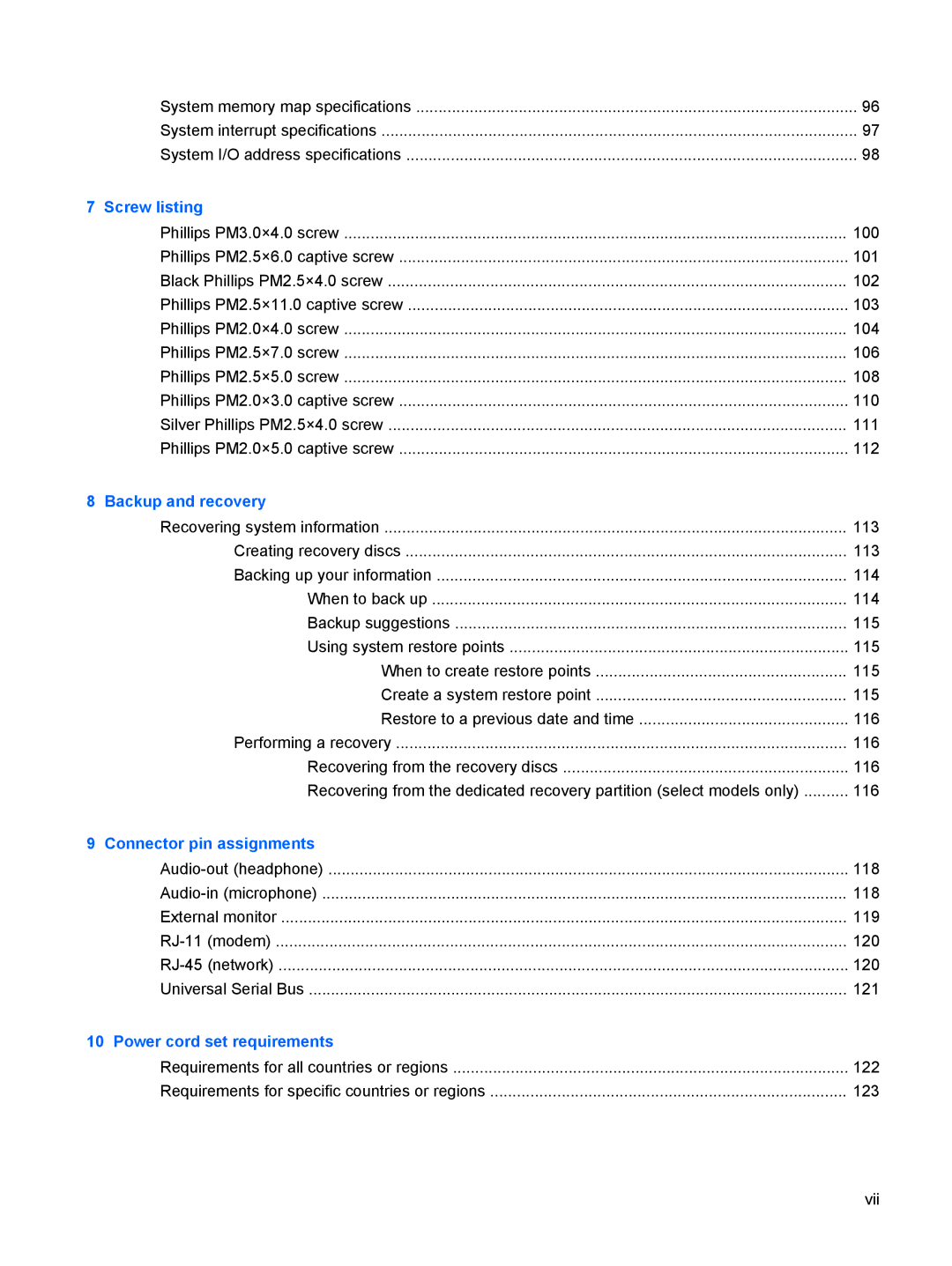 HP DV3000 manual Screw listing 