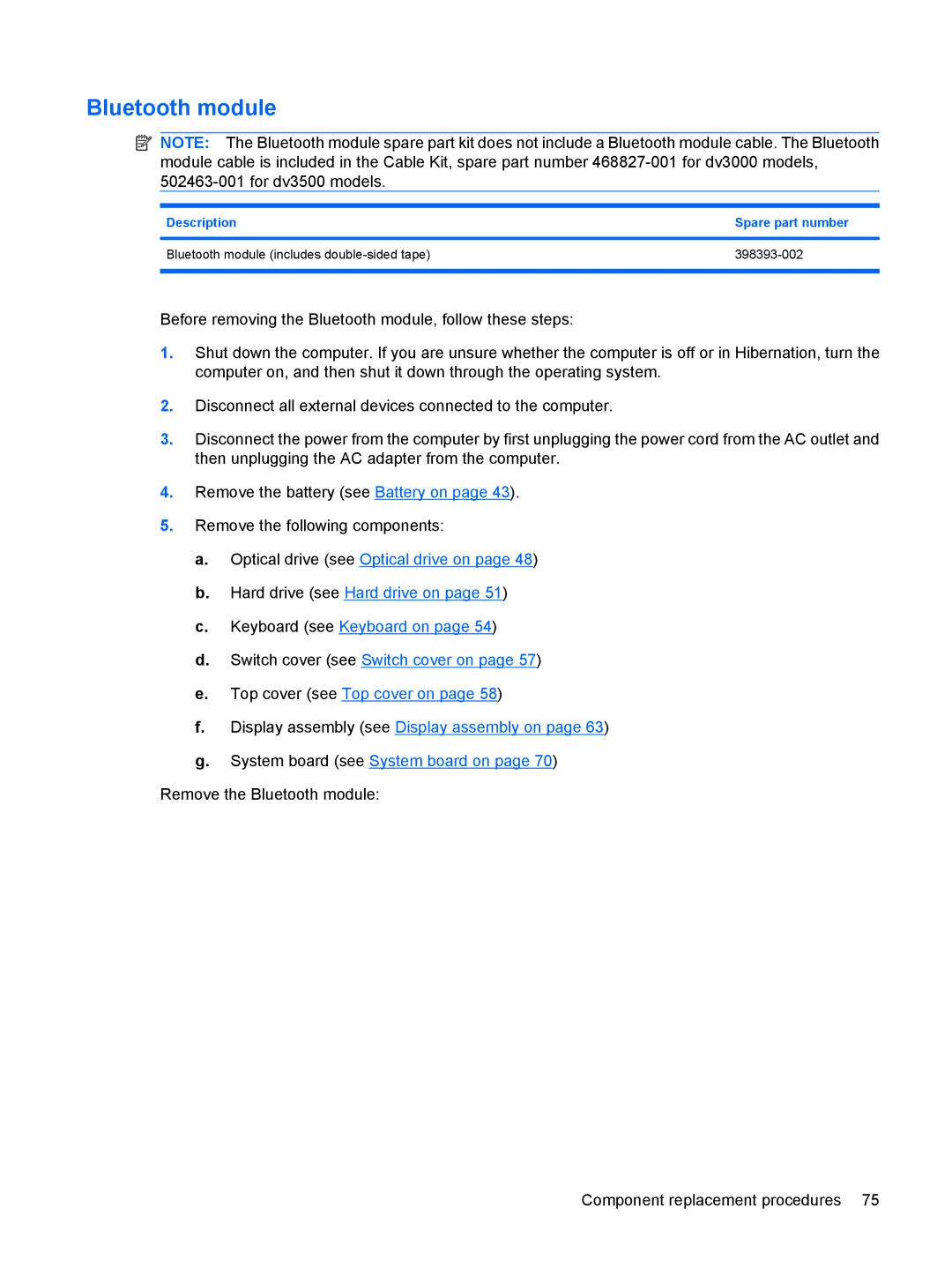 HP DV3000 manual Bluetooth module, Description Spare part number 