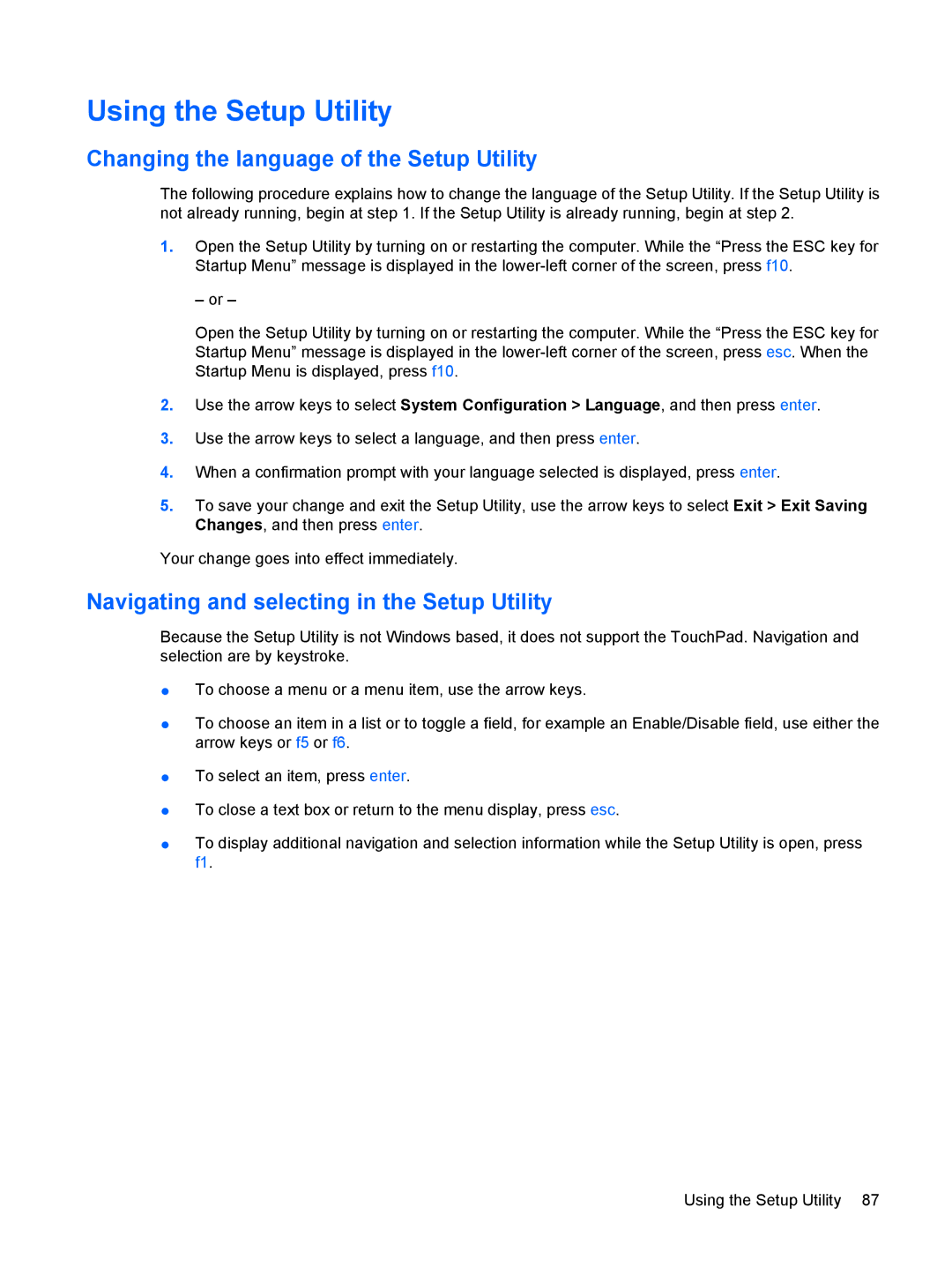 HP DV3000 manual Using the Setup Utility, Changing the language of the Setup Utility 