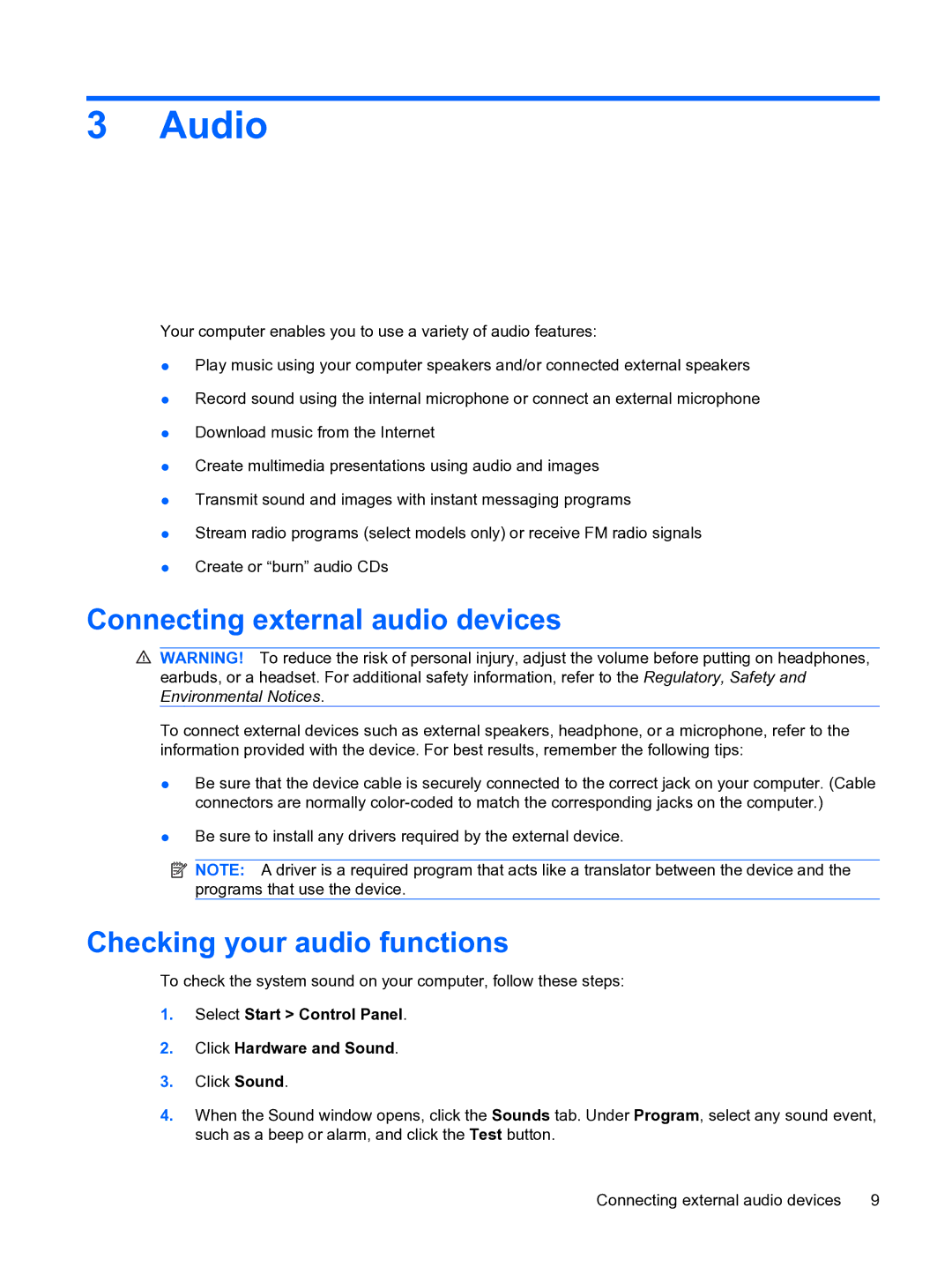 HP dv4-1225dx manual Audio, Connecting external audio devices, Checking your audio functions 