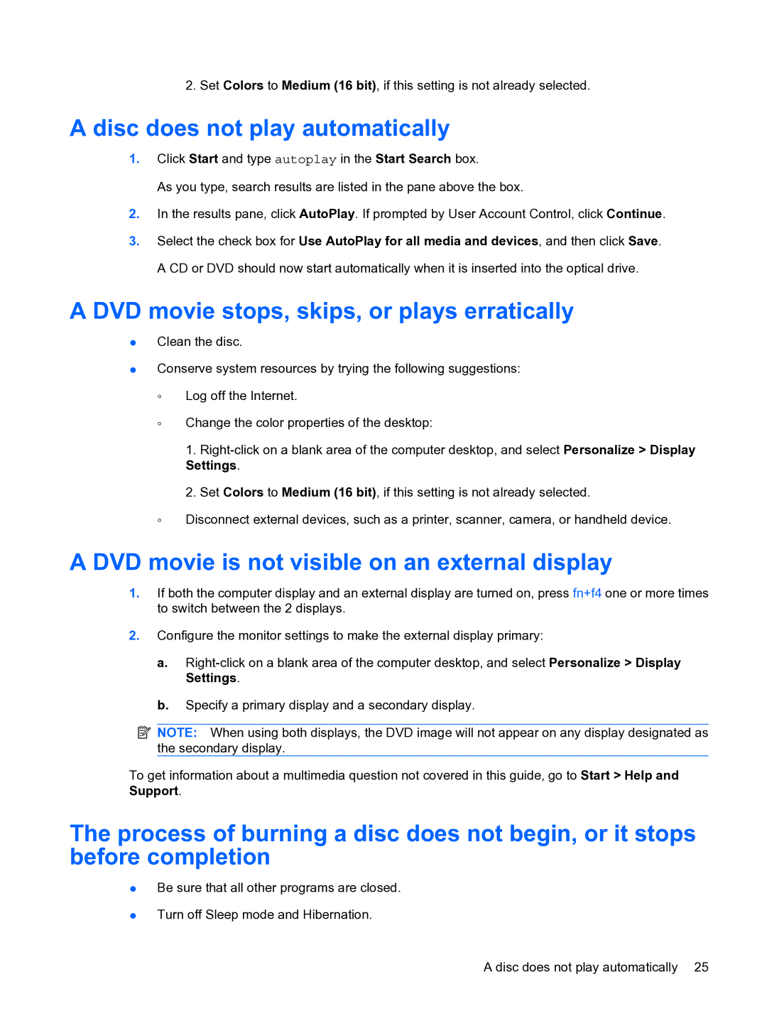 HP dv4-1225dx manual Disc does not play automatically, DVD movie stops, skips, or plays erratically 