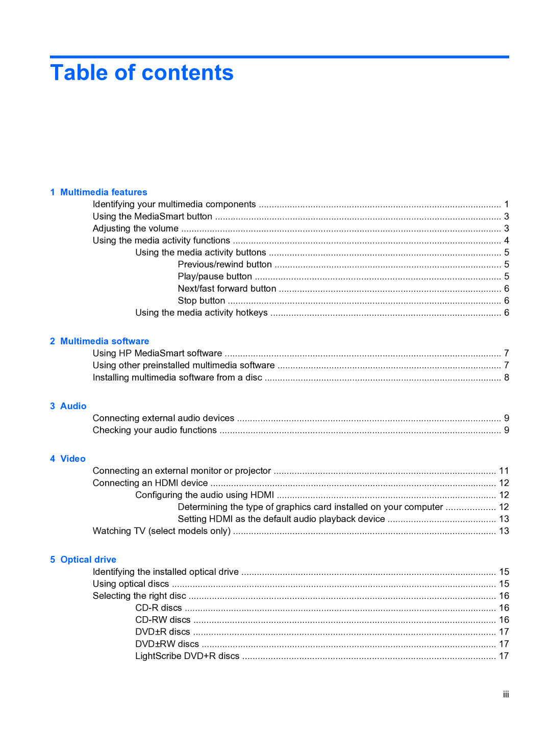 HP dv4-1225dx manual Table of contents 