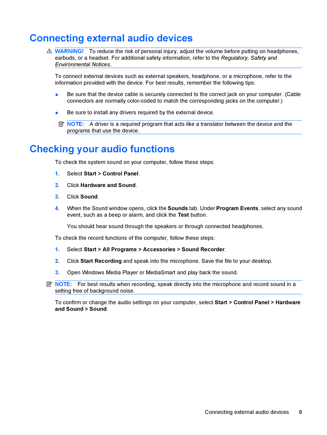 HP dv4-2045dx manual Connecting external audio devices, Checking your audio functions 