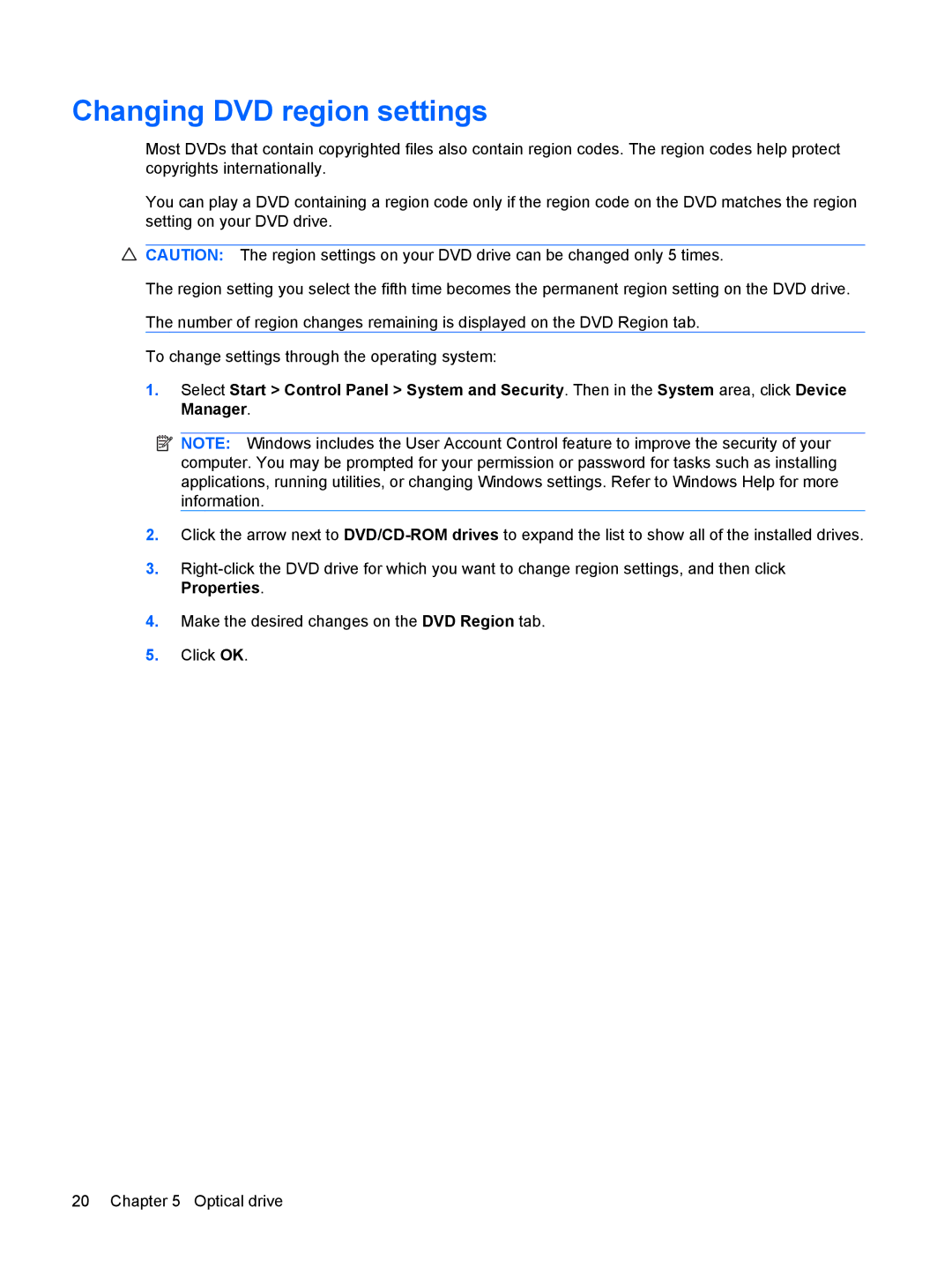 HP dv4-2045dx manual Changing DVD region settings 