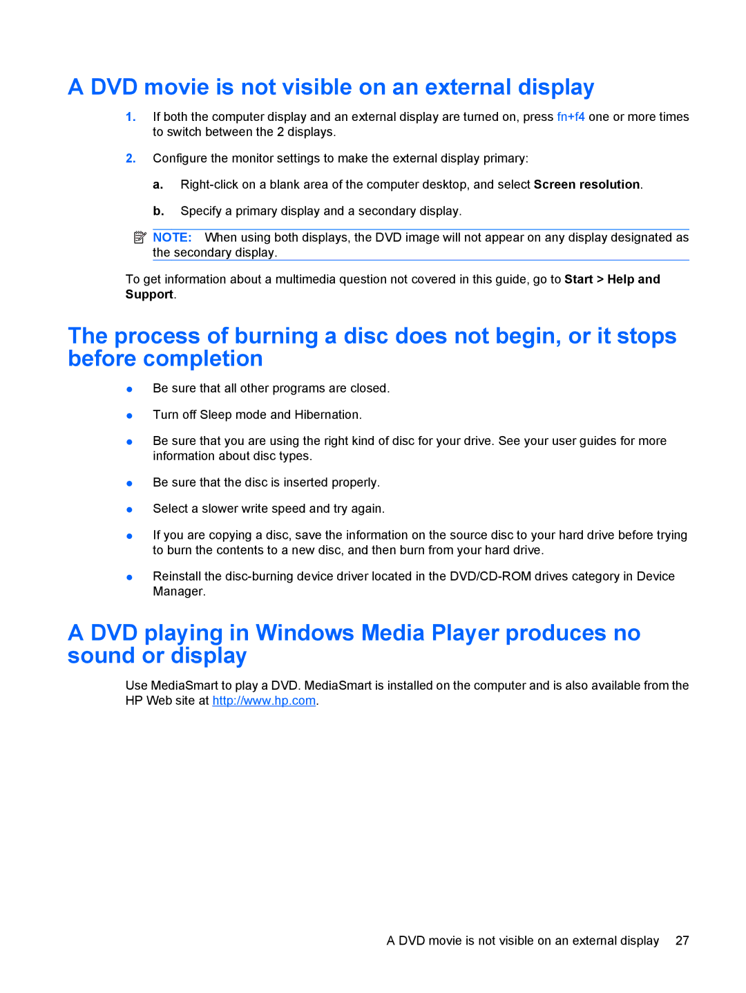 HP dv4-2045dx manual DVD movie is not visible on an external display 