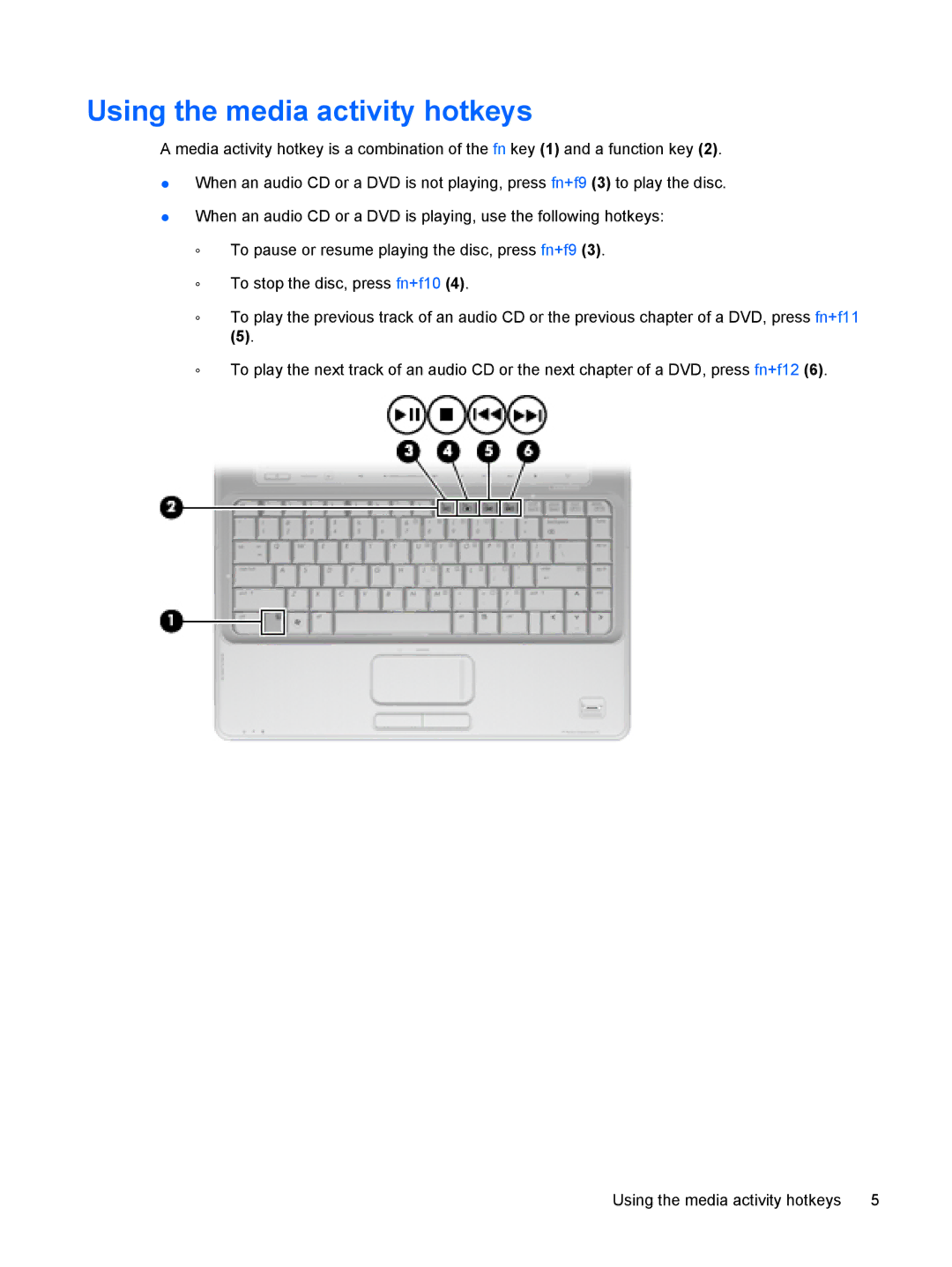 HP dv4-2045dx manual Using the media activity hotkeys 