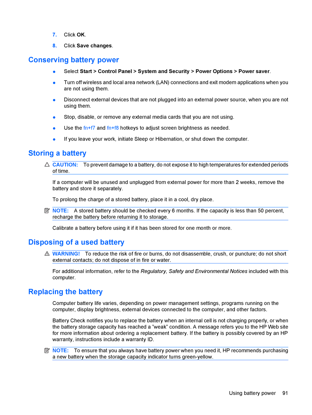 HP dv4-2160us manual Conserving battery power, Storing a battery, Disposing of a used battery, Replacing the battery 