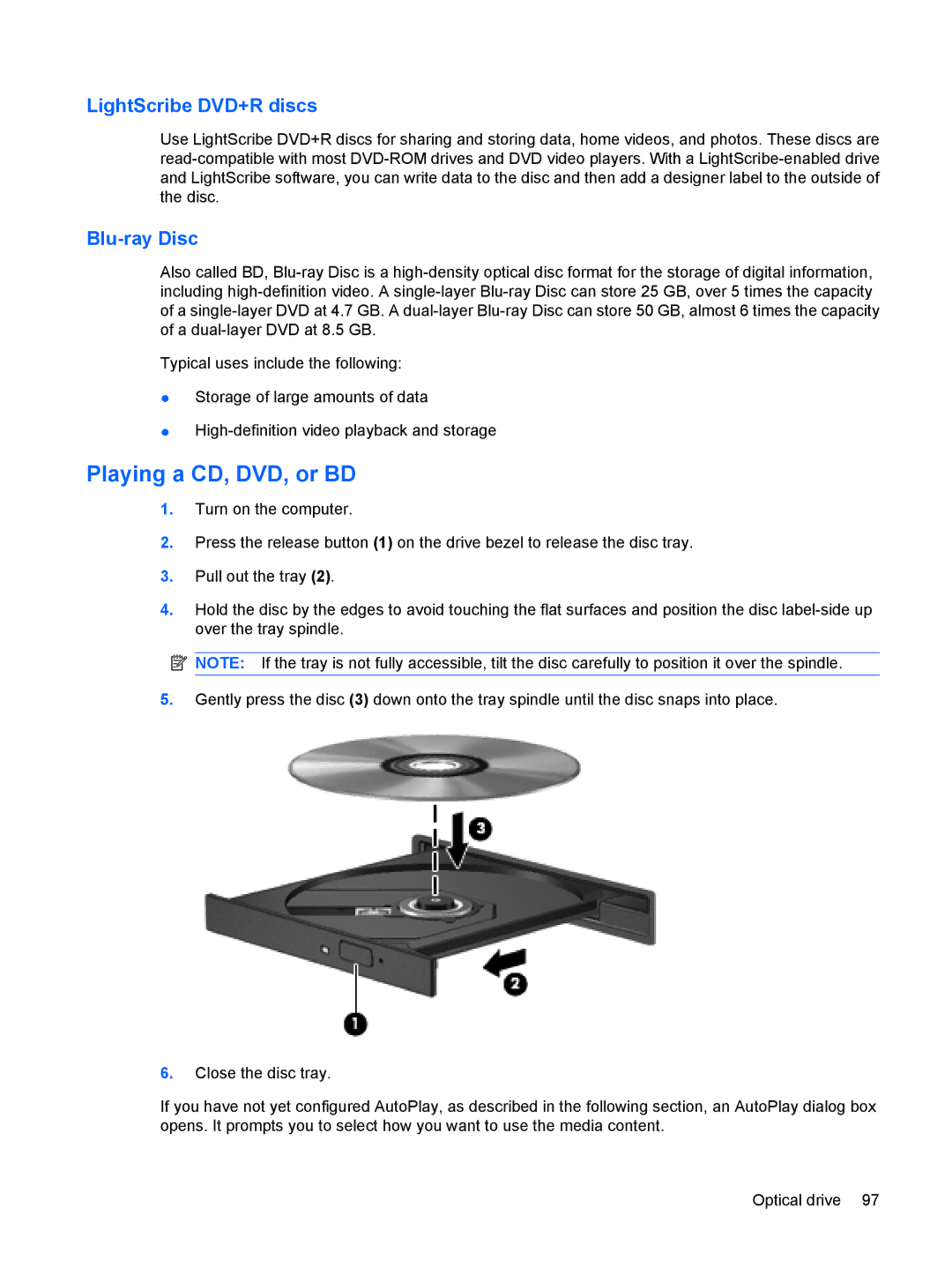 HP dv4-2160us manual Playing a CD, DVD, or BD, LightScribe DVD+R discs, Blu-ray Disc 