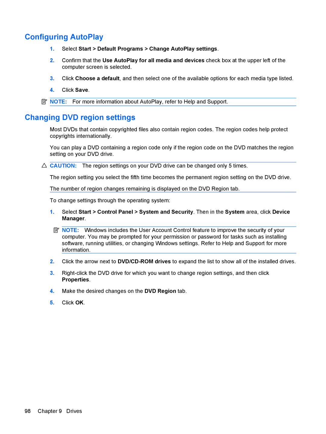 HP dv4-2160us manual Configuring AutoPlay, Changing DVD region settings 