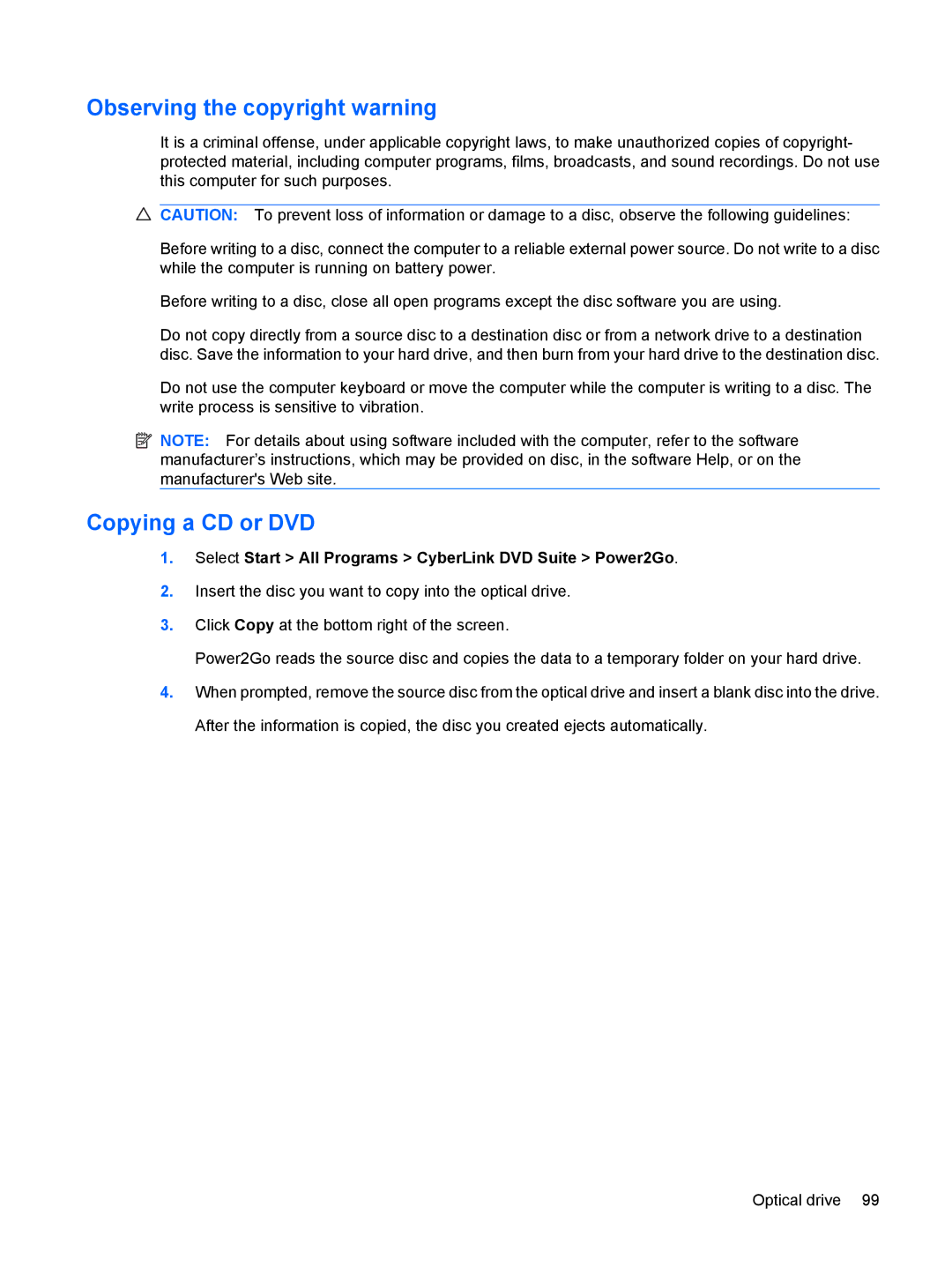 HP dv4-2160us manual Observing the copyright warning, Copying a CD or DVD 