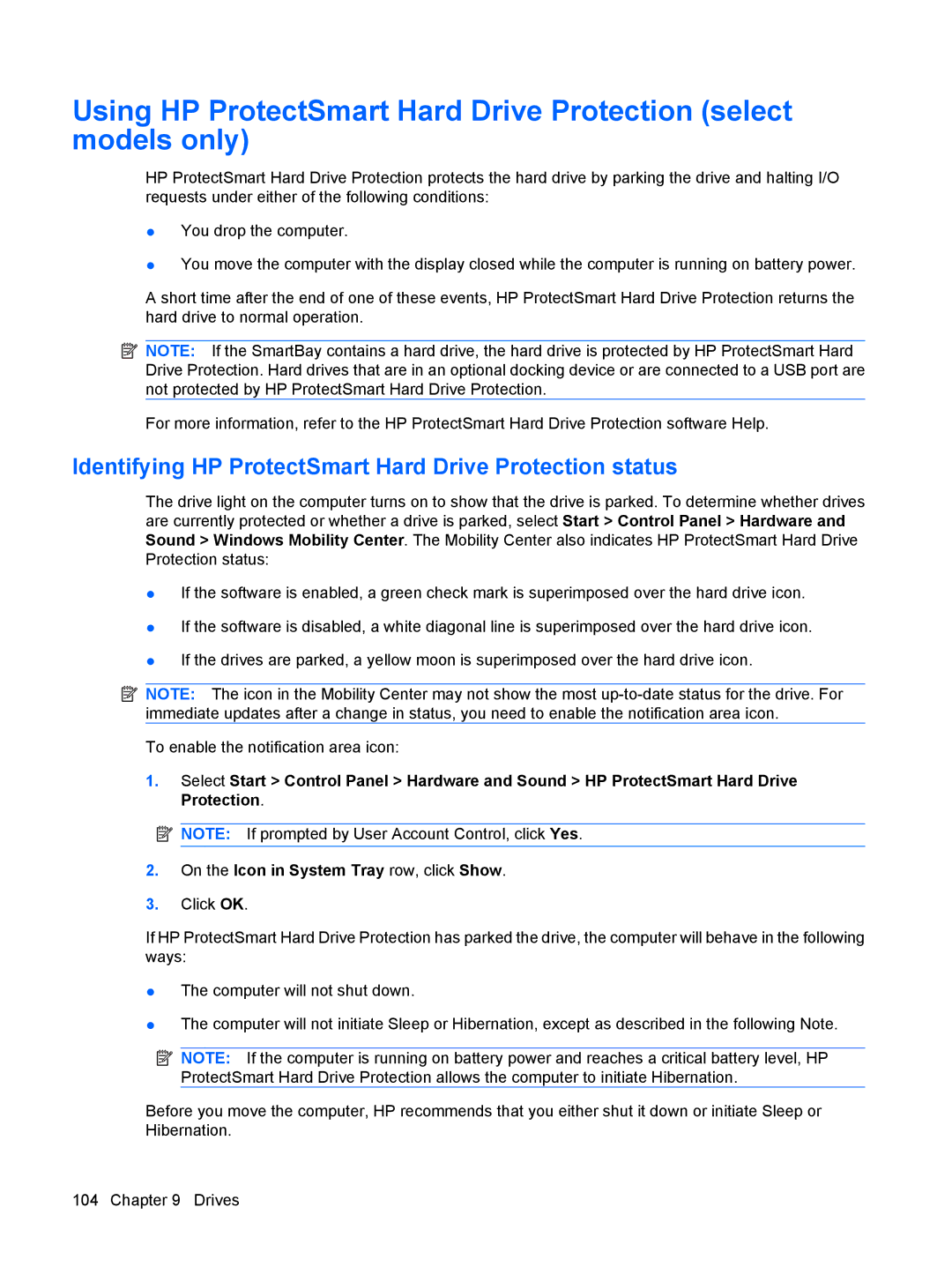 HP dv4-2160us manual Identifying HP ProtectSmart Hard Drive Protection status 