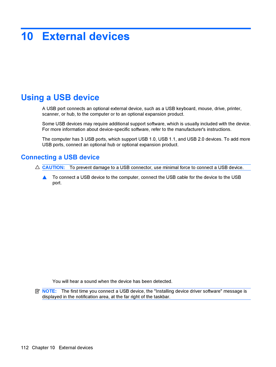 HP dv4-2160us manual External devices, Using a USB device, Connecting a USB device 