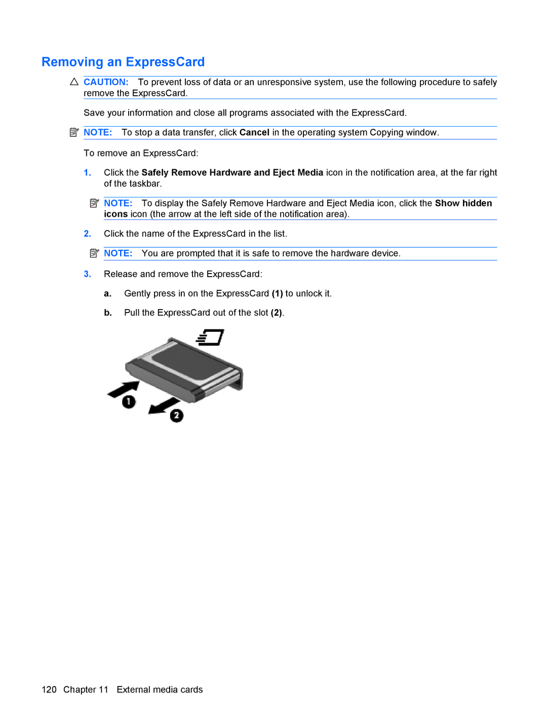 HP dv4-2160us manual Removing an ExpressCard 